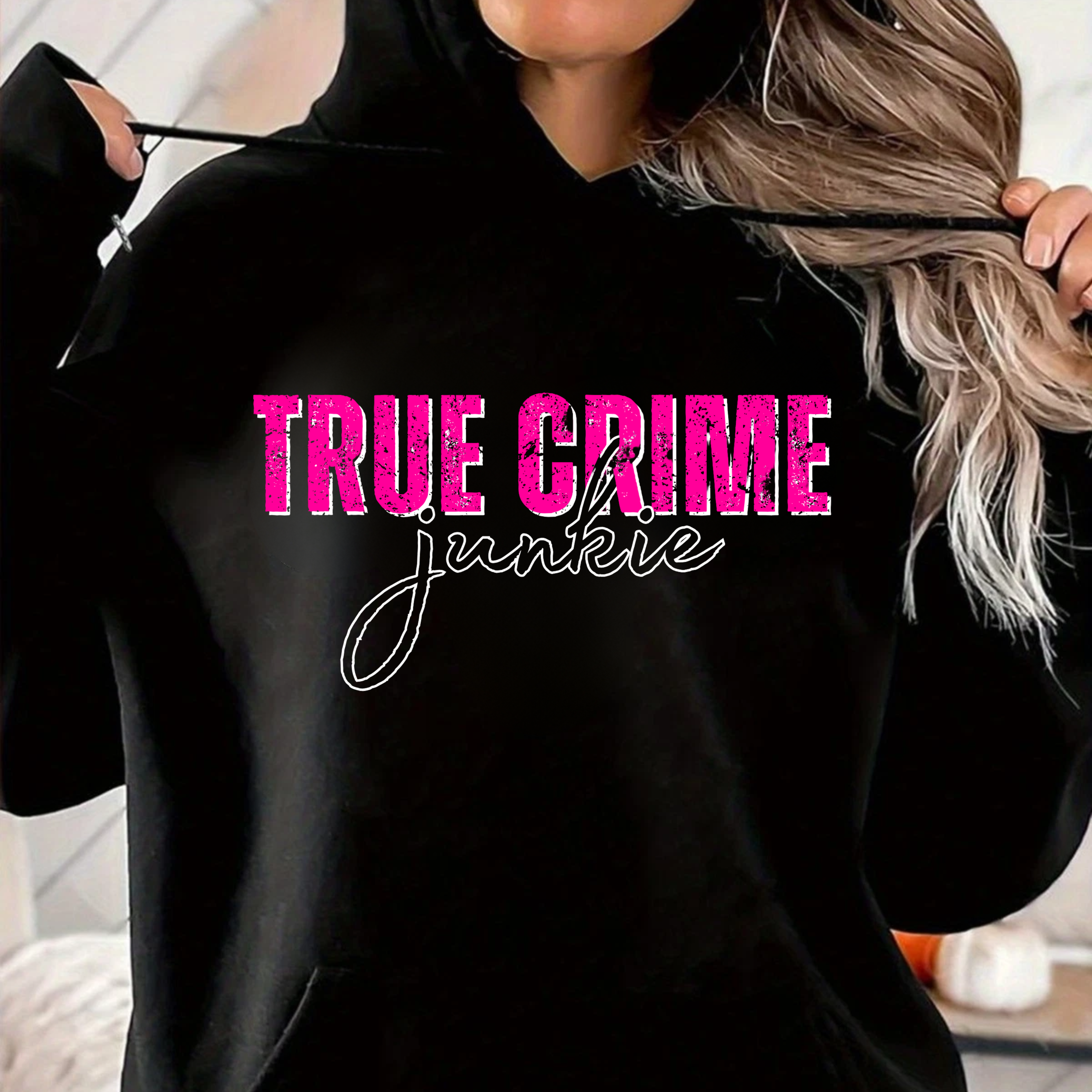 True Crime Junkie Hoodie - Bold Pink Script Pullover for True Crime Fans True Crime Junkie Hoodie - Bold Pink Script Pullover for True Crime Fans
