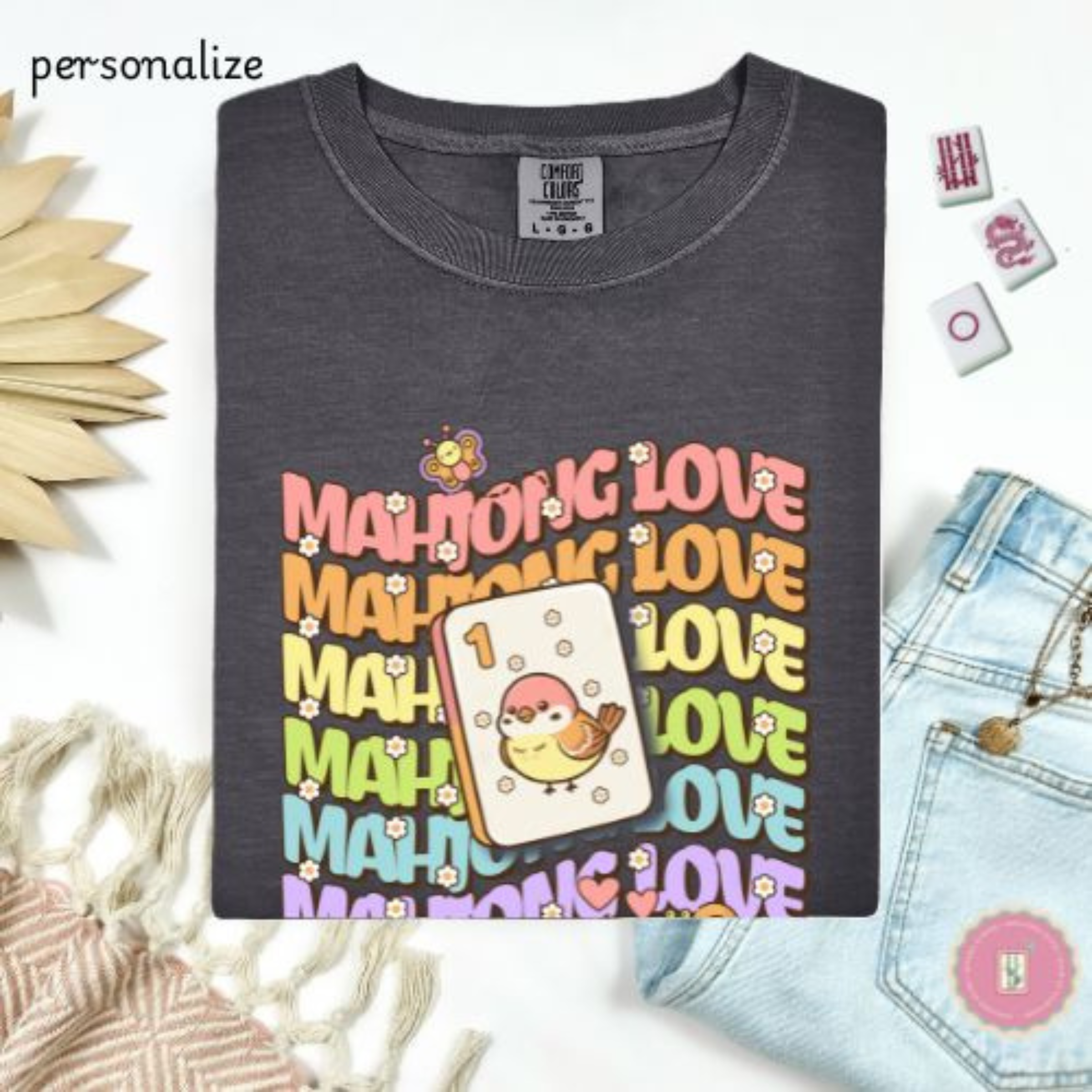 Personalize Mahjong Love T-Shirt — Cute Retro Bird Bam Tile Graphic Tee product thumbnail image