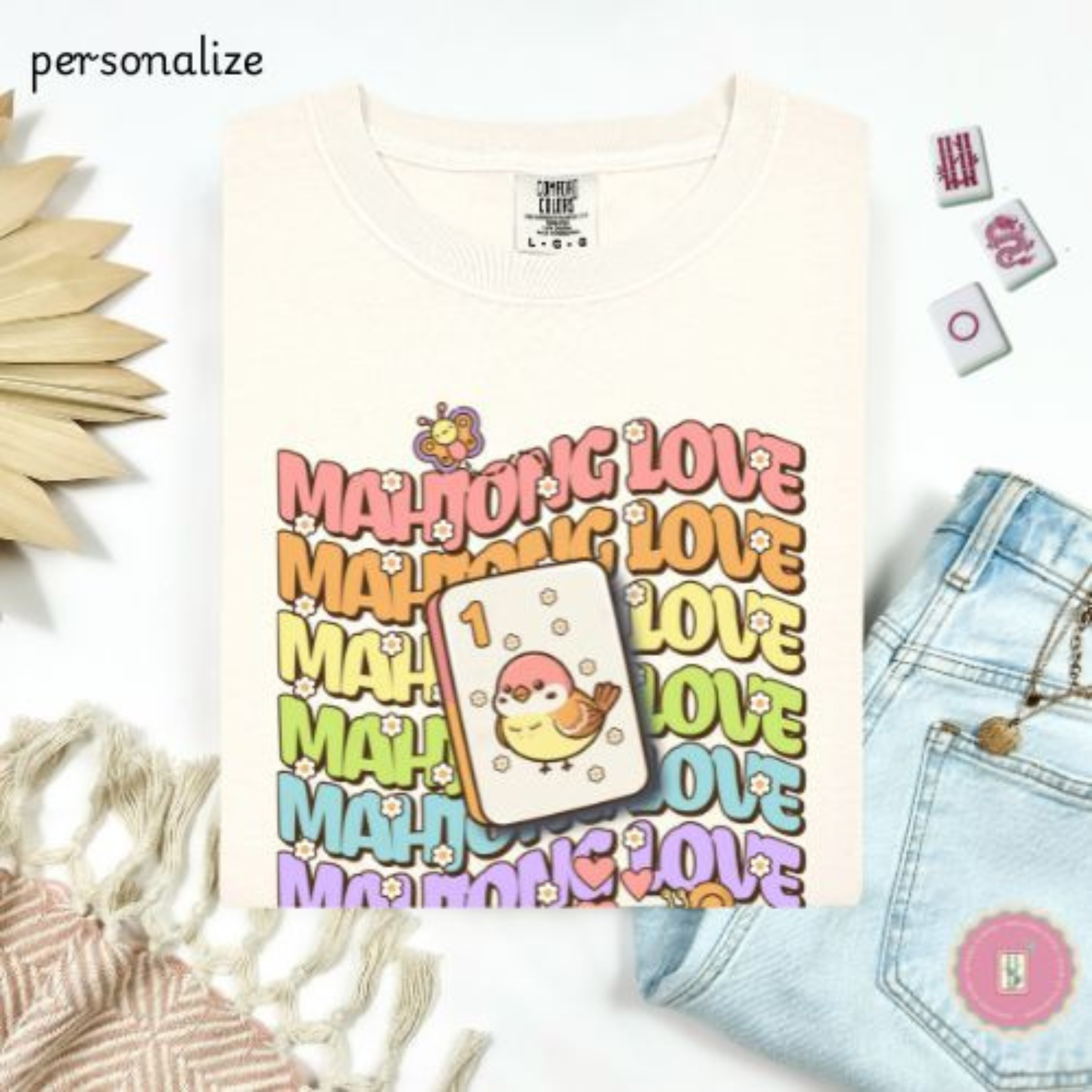 Personalize Mahjong Love T-Shirt — Cute Retro Bird Bam Tile Graphic Tee product thumbnail image