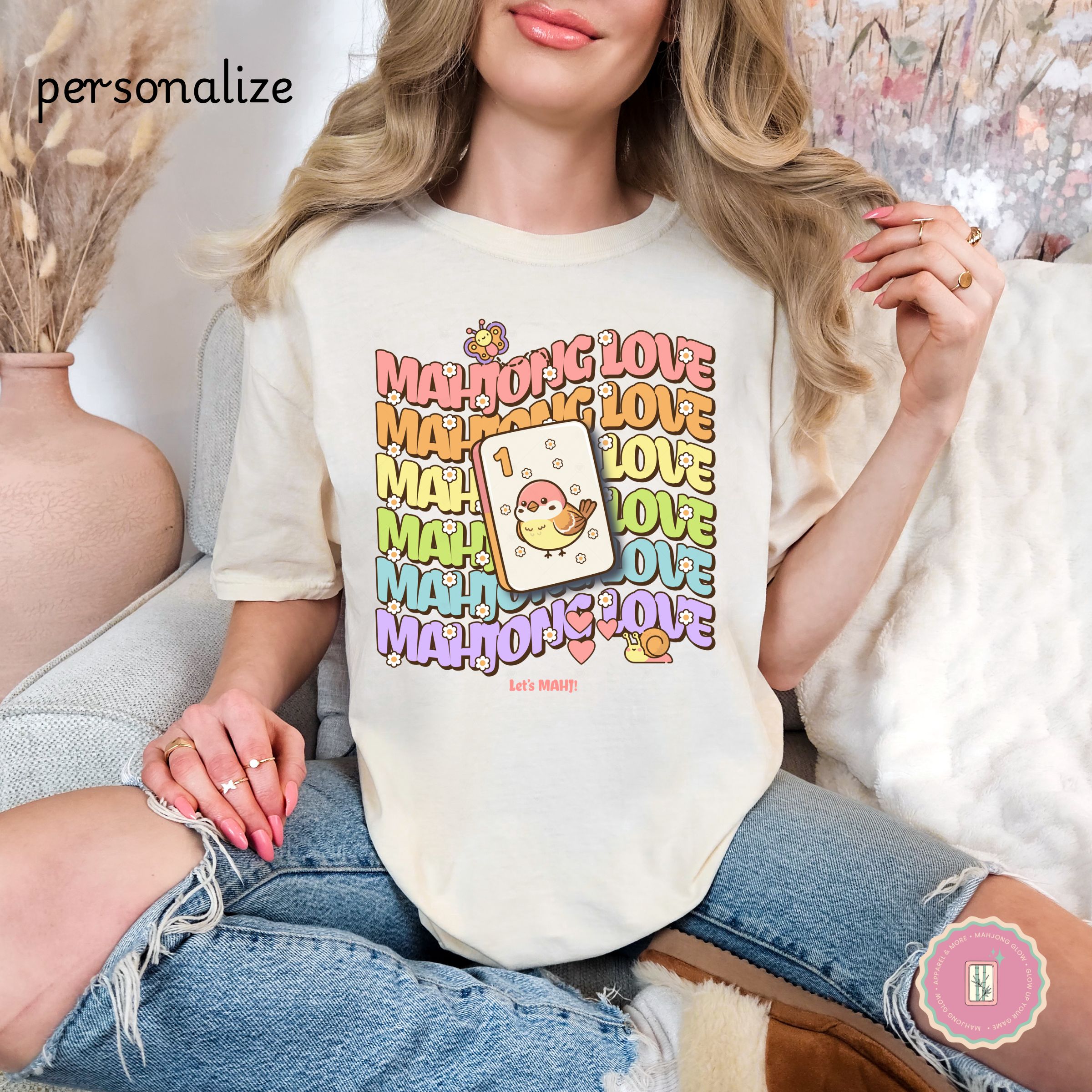 Personalize Mahjong Love T-Shirt — Cute Retro Bird Bam Tile Graphic Tee product thumbnail image