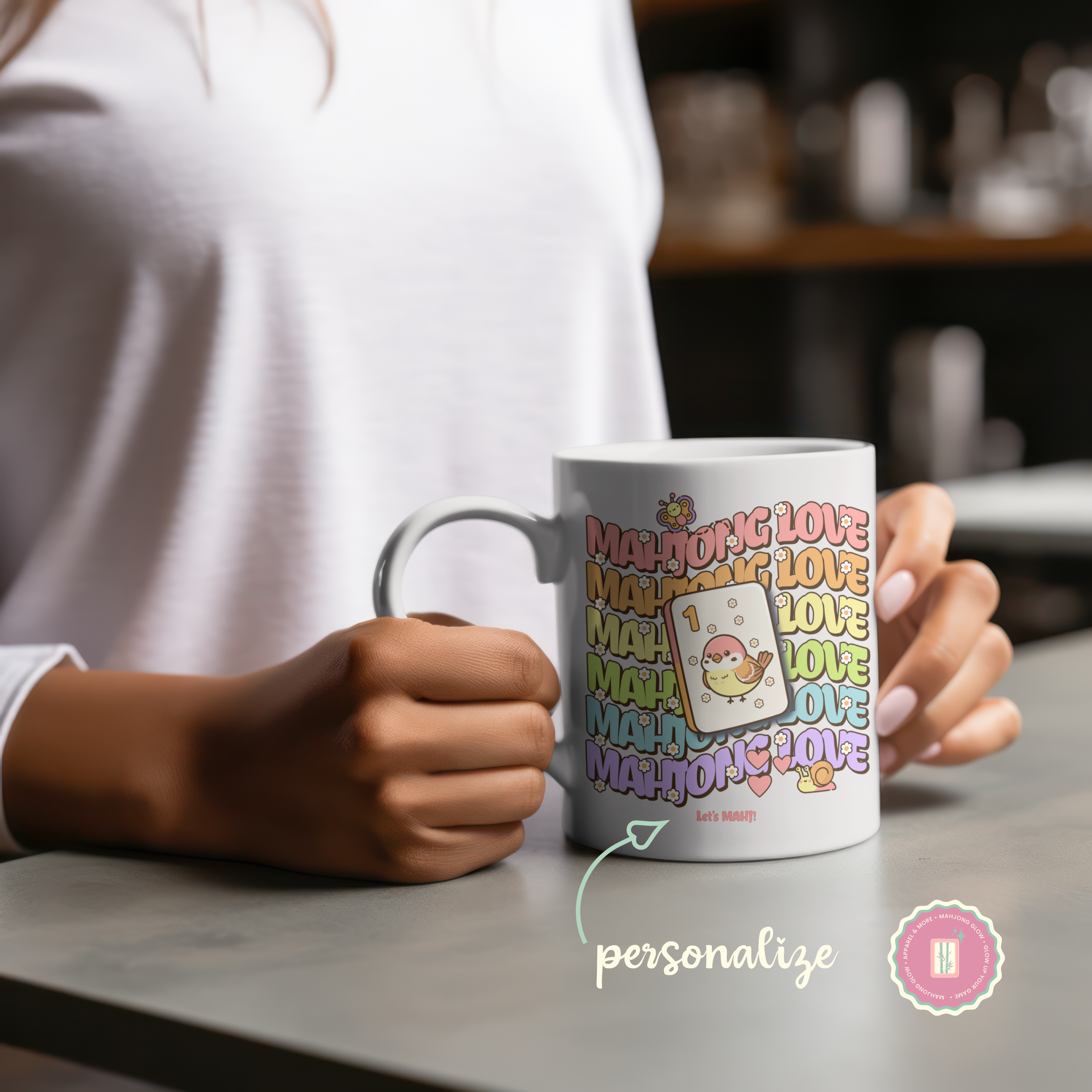 Personalize Mahjong Love Bird Bam Mug – Retro Kawaii Mahjong Coffee Cup, 11 oz &amp; 15 oz product thumbnail image