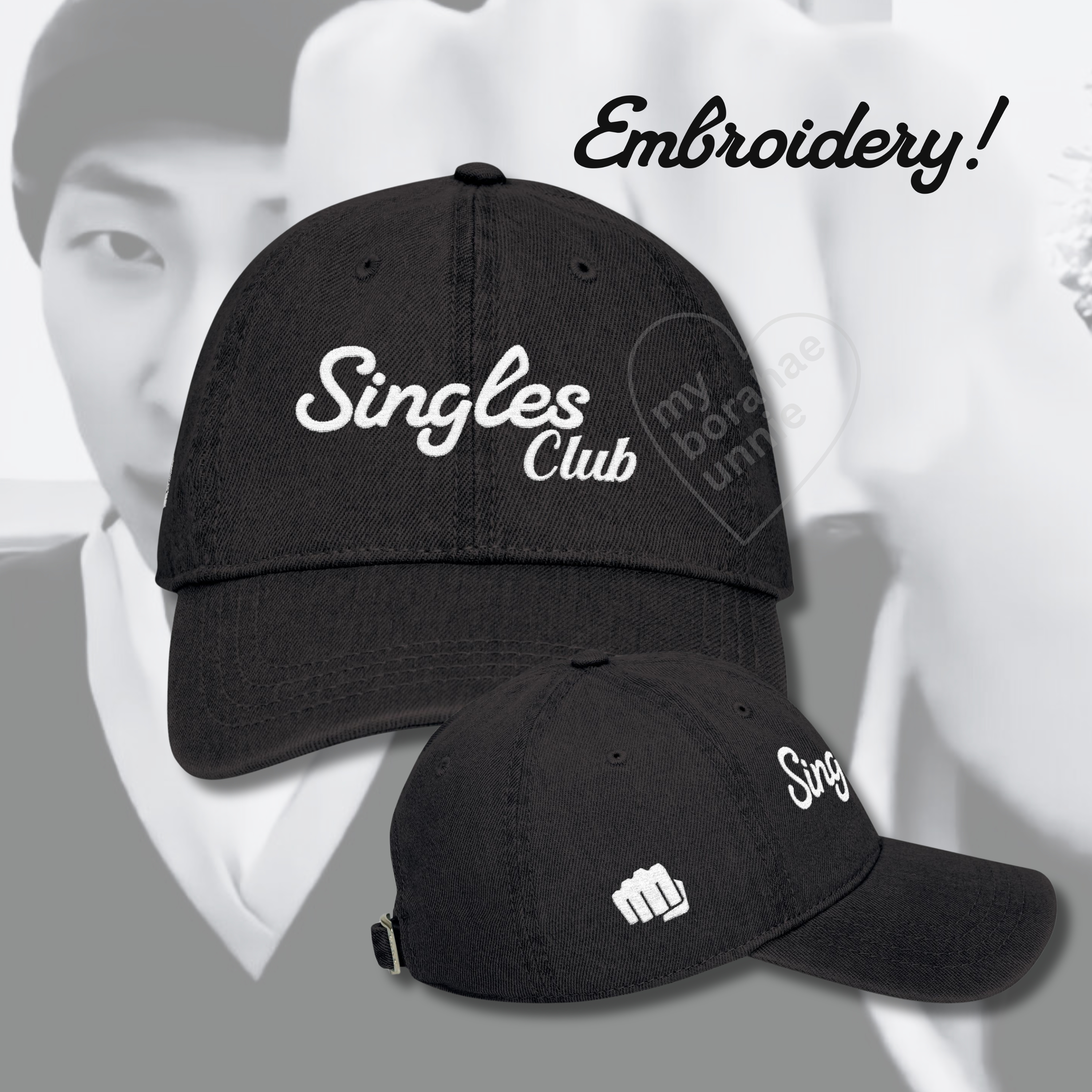 Singles Club Embroidered Denim Hat, Fist symbol on right side product thumbnail image Singles Club Embroidered Denim Hat, Fist symbol on right side product thumbnail image
