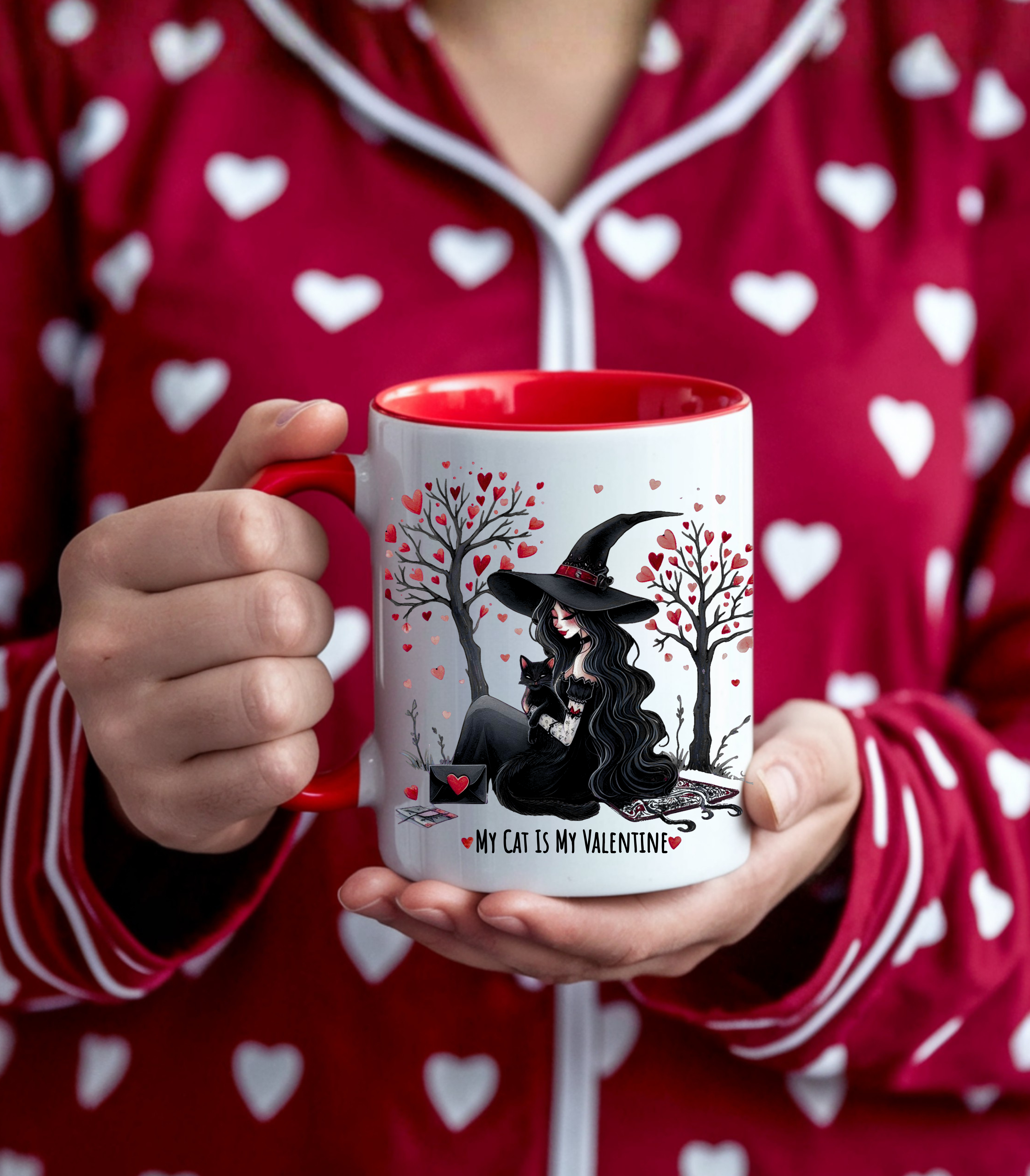 Accent Coffee Mug — 'My Cat Is My Valentine' Gothic Witch Cat Valentine's Mug