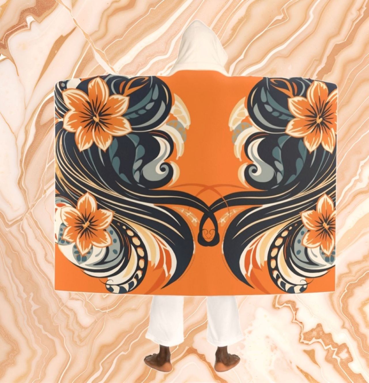 Orange Floral Hooded Sherpa Blanket product thumbnail image Orange Floral Hooded Sherpa Blanket product thumbnail image