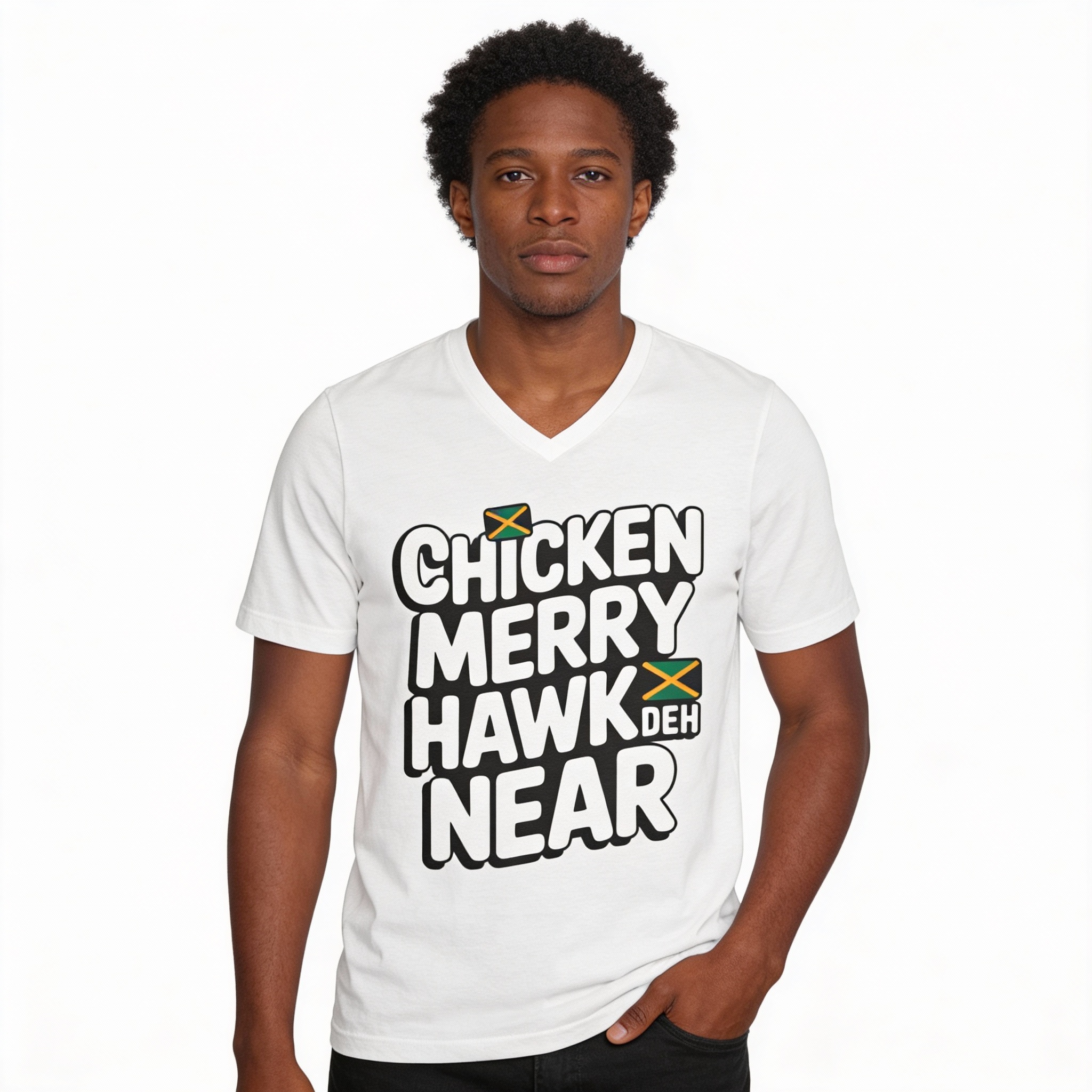 V-Neck Tee – Unisex 'Chicken Merry Hawk Near' Jamaican Proverbs Graphic Shirt T-Shirt