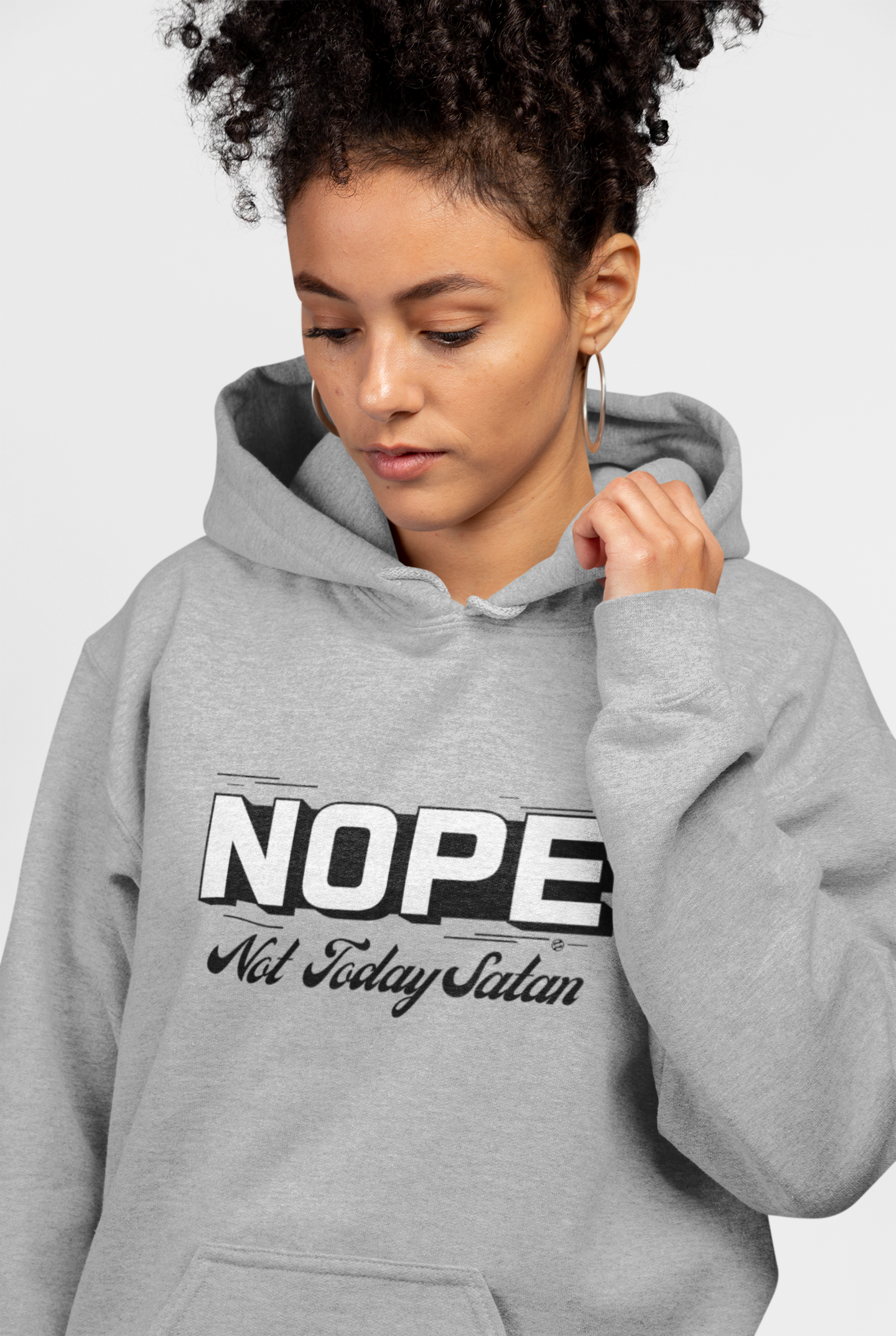 Not Today Satan Fleece Hoodie — NOPE Three-Panel Graphic Pullover