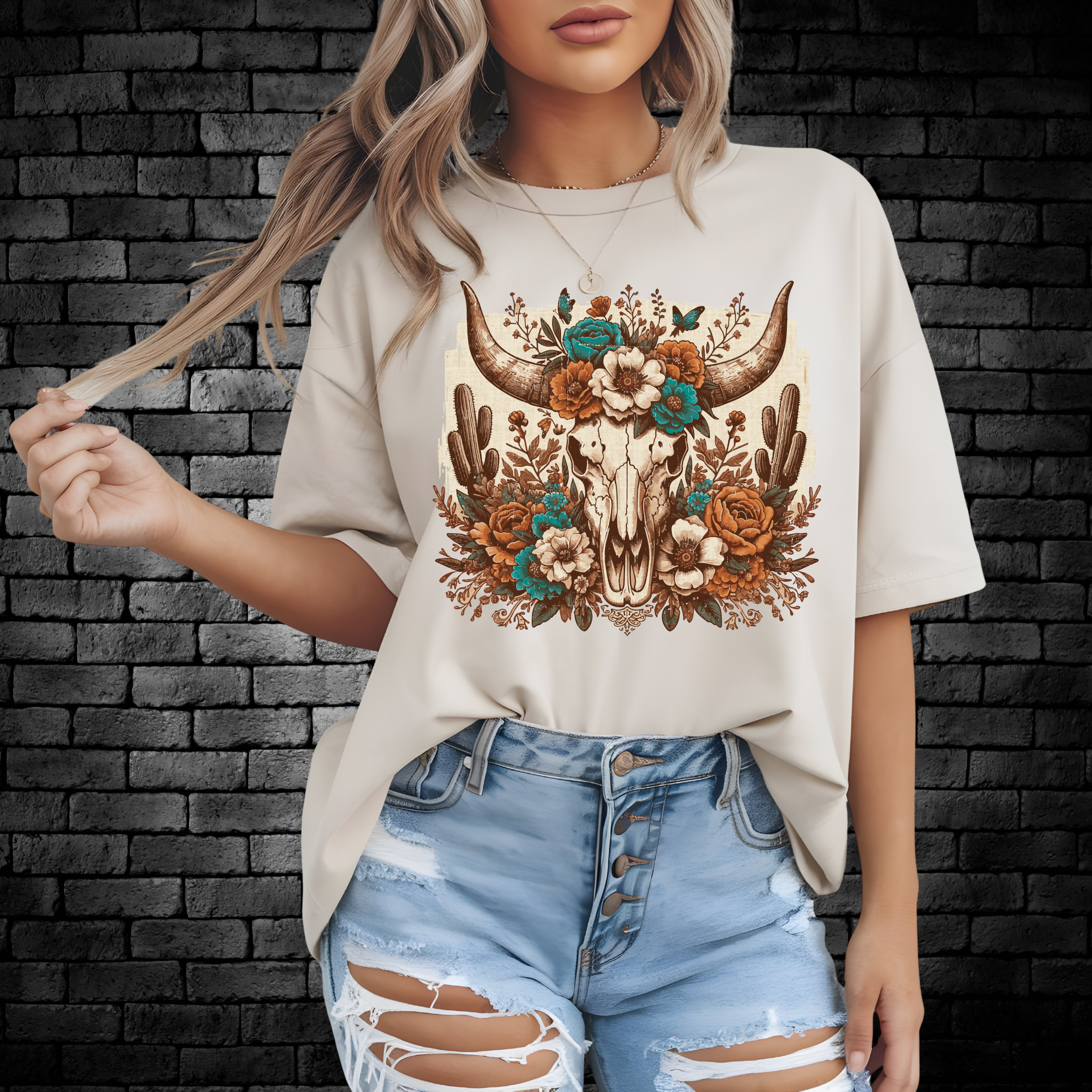 Boho Western Bull Skull T-Shirt — Floral Southwestern Graphic Tee