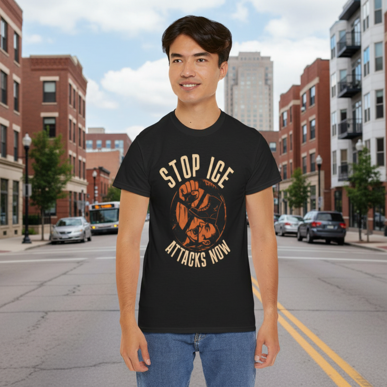 Stop ICE Attacks Now Tee — Jackboot Stomping Face Patriotic Protest Shirt