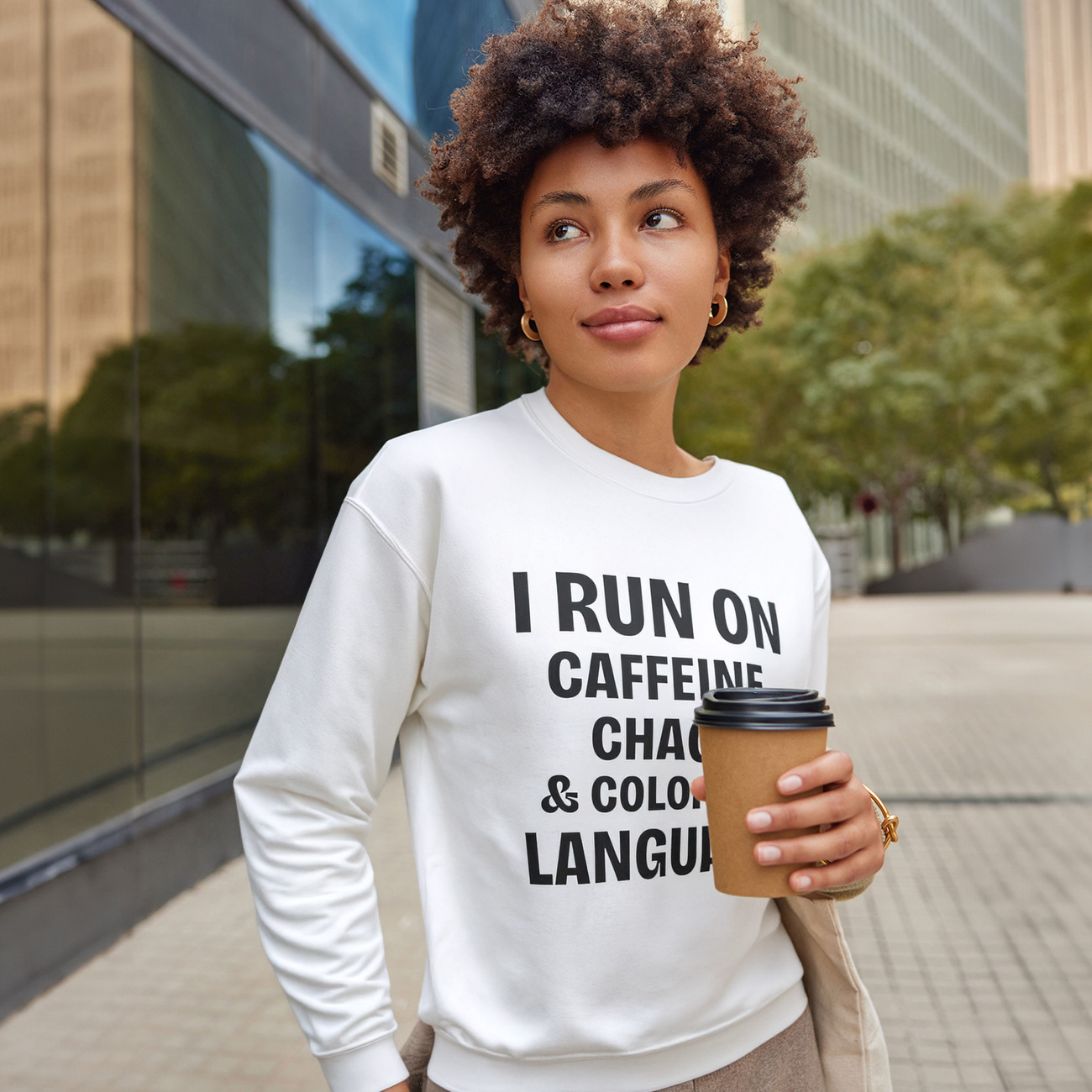 Crewneck Sweatshirt — "I Run On Caffeine, Chaos &amp; Colorful Language" Funny Graphic Pullover product thumbnail image