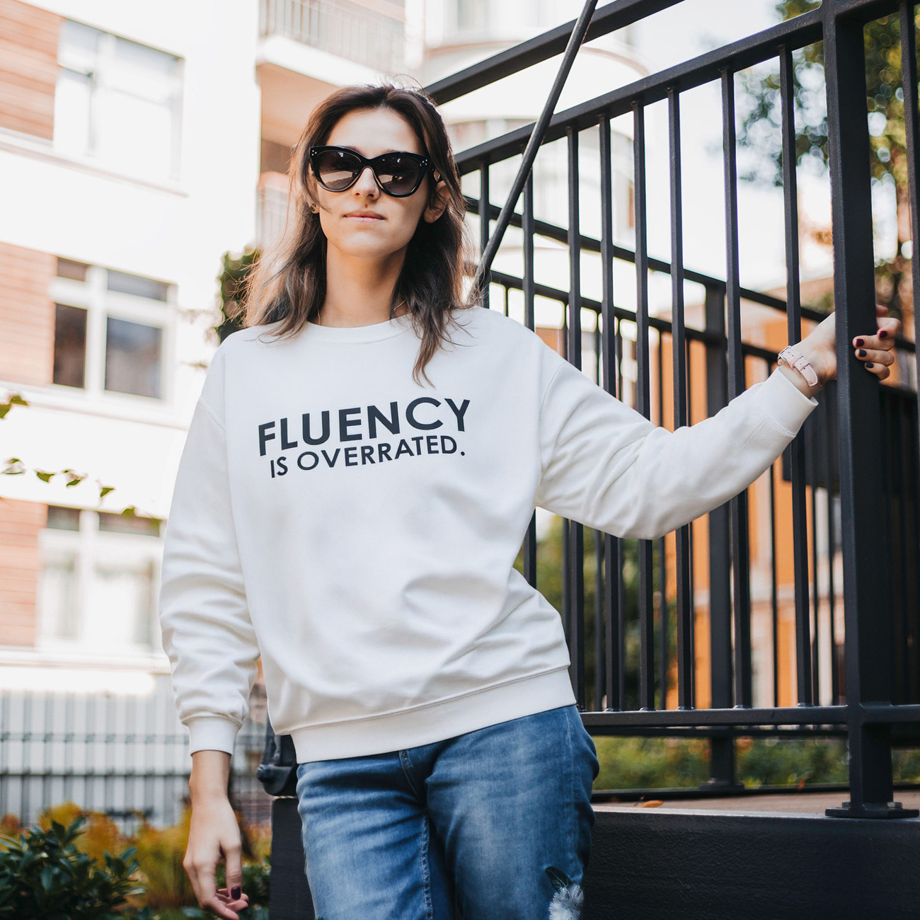 Sweatshirt — "Fluency Is Overrated." Minimalist Statement Crewneck product thumbnail image
