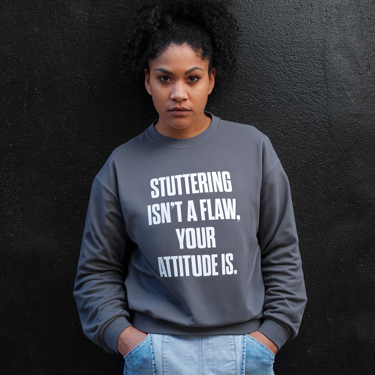 Sweatshirt — "Stuttering Isn't a Flaw, Your Attitude Is" Statement Crewneck product thumbnail image Sweatshirt — "Stuttering Isn't a Flaw, Your Attitude Is" Statement Crewneck product thumbnail image