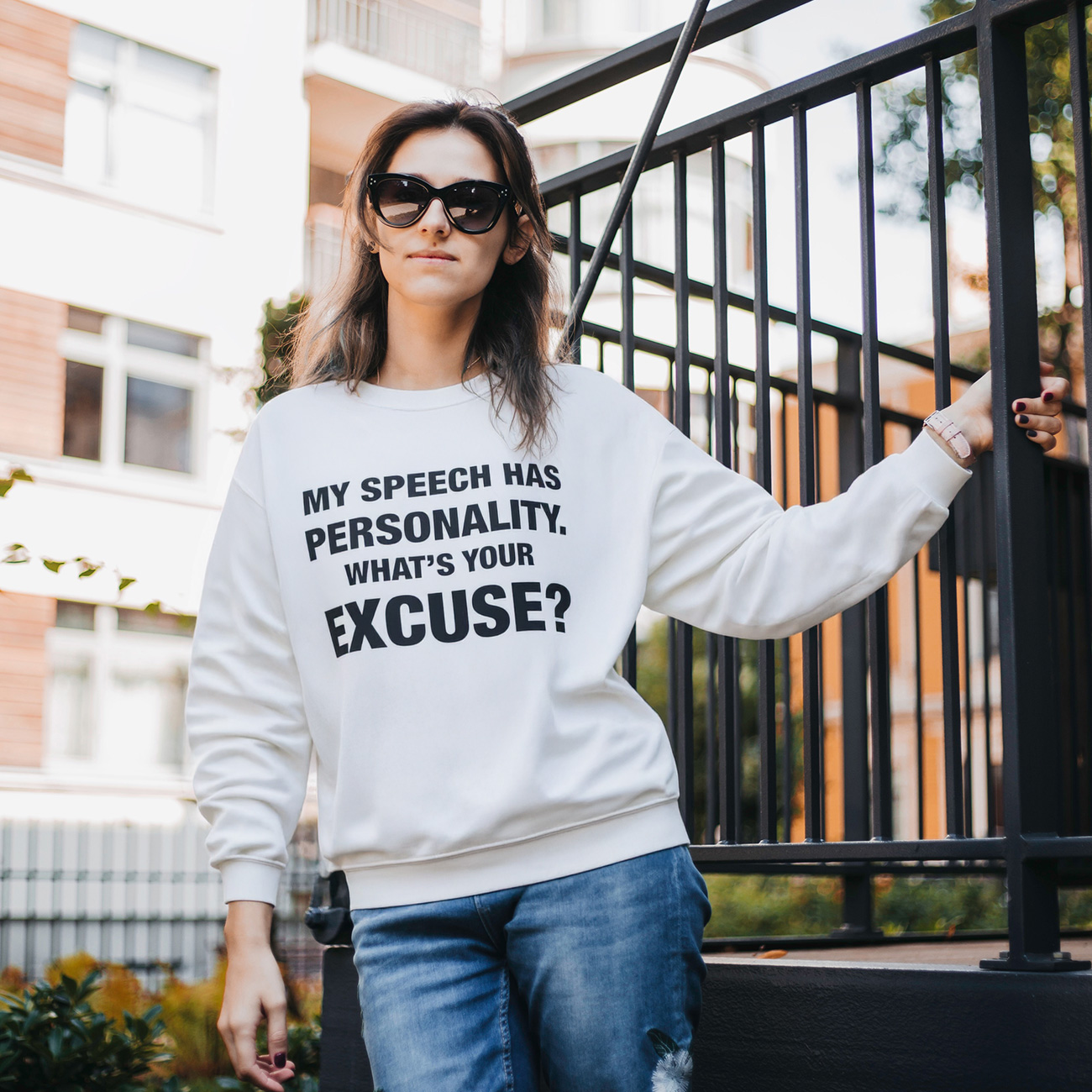 Funny Statement Sweatshirt - “My Speech Has Personality, What’s Your Excuse?” Crewneck product thumbnail image Funny Statement Sweatshirt - “My Speech Has Personality, What’s Your Excuse?” Crewneck product thumbnail image