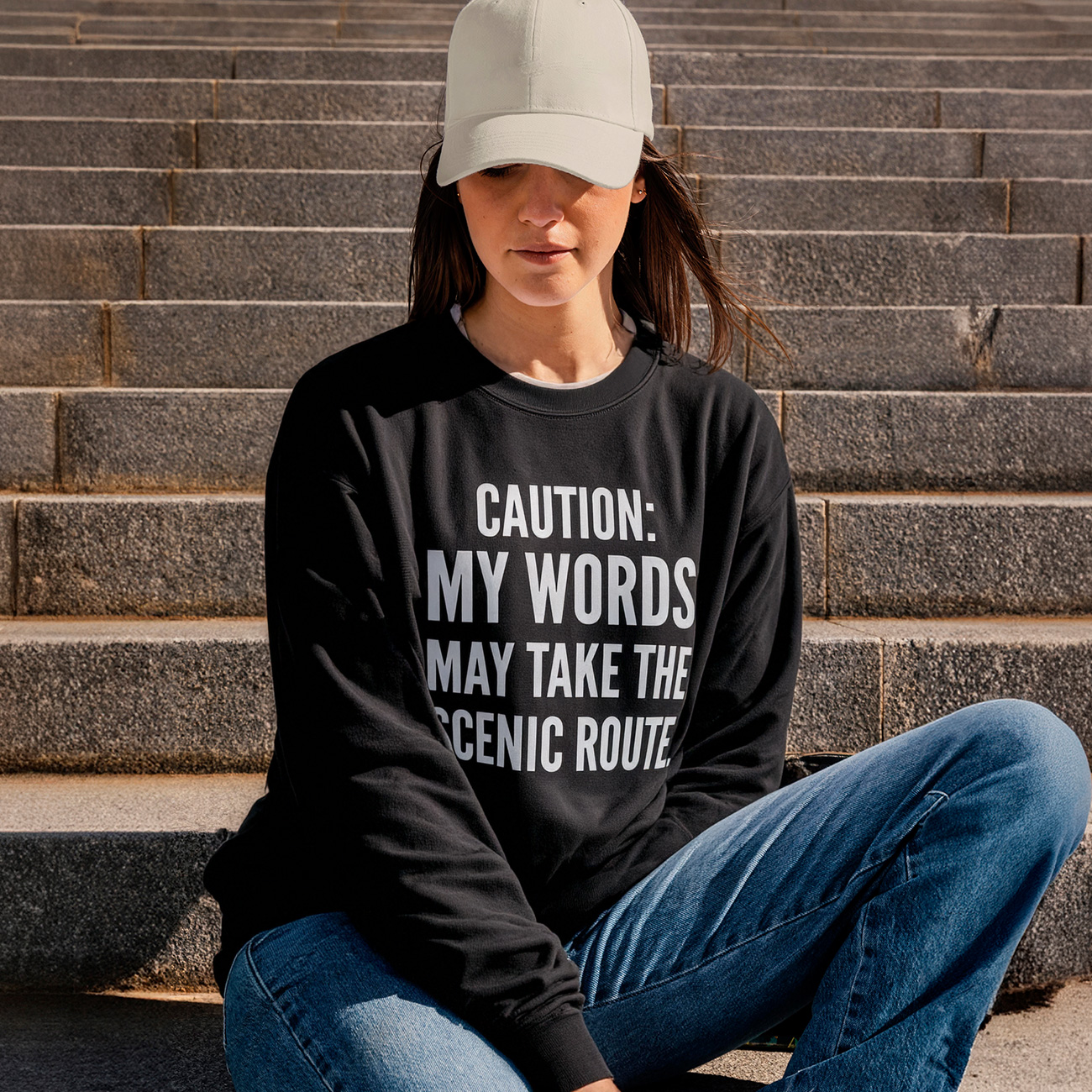 Crewneck Sweatshirt – "Caution: My Words May Take The Scenic Route" Funny Graphic product thumbnail image