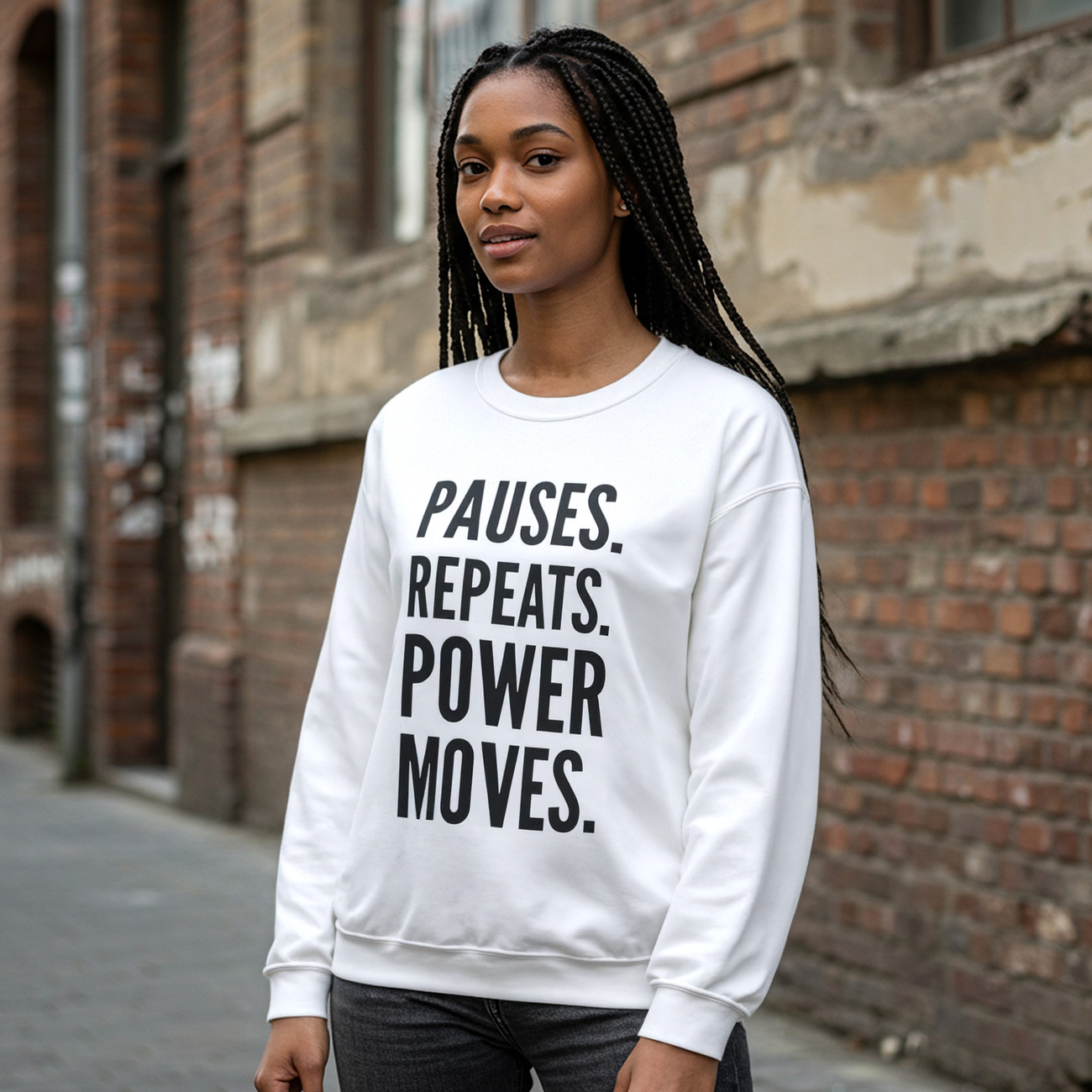 Pauses. Repeats. Power Moves. Crewneck Sweatshirt — Motivational Graphic Sweatshirt product thumbnail image Pauses. Repeats. Power Moves. Crewneck Sweatshirt — Motivational Graphic Sweatshirt product thumbnail image