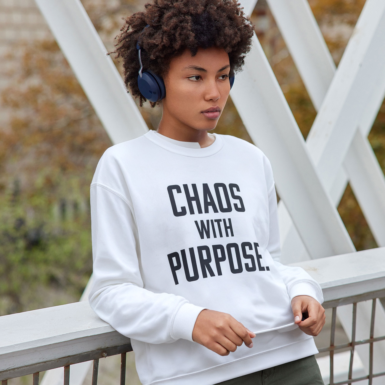 Crewneck Sweatshirt — "Chaos With Purpose" Bold Typography Motivational Pullover product thumbnail image Crewneck Sweatshirt — "Chaos With Purpose" Bold Typography Motivational Pullover product thumbnail image