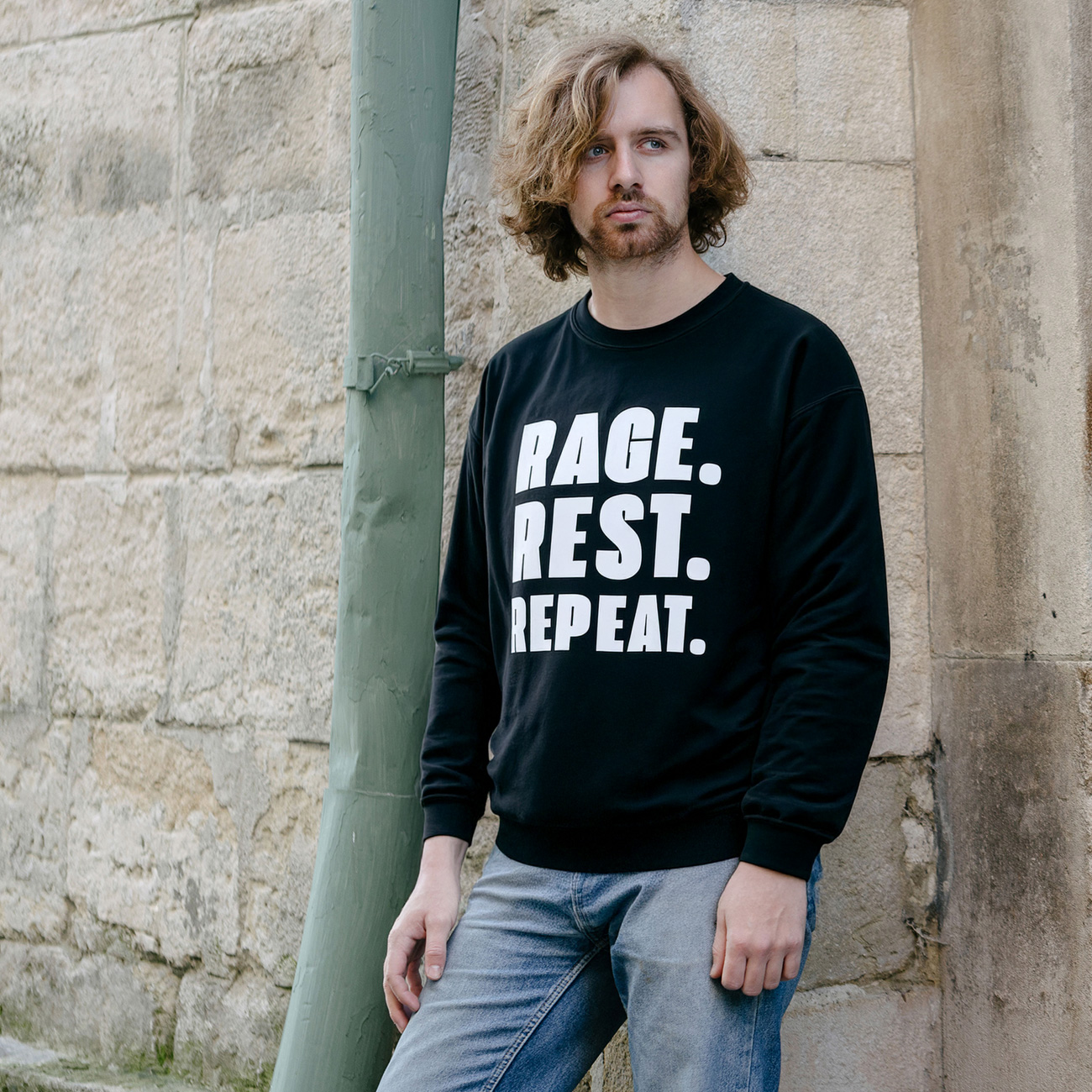 Crewneck Sweatshirt — "RAGE. REST. REPEAT." Bold Typography Comfort Top product thumbnail image