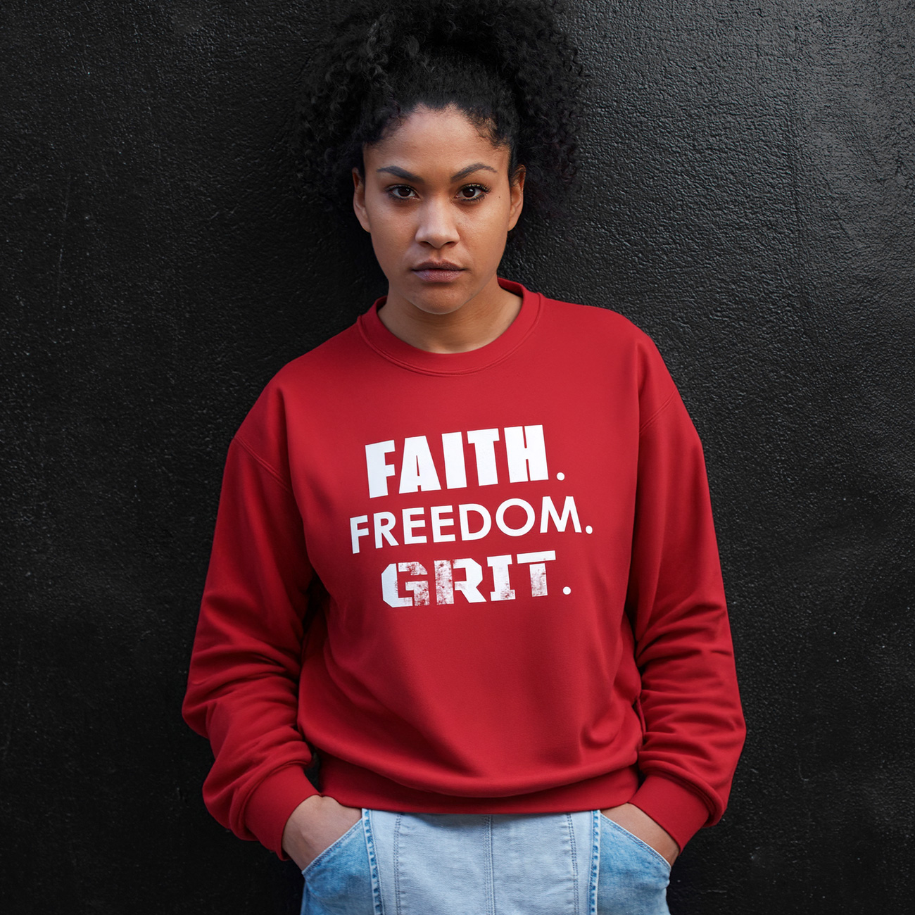 Faith. Freedom. Grit. Crewneck Sweatshirt — Patriotic Inspirational Pullover product thumbnail image Faith. Freedom. Grit. Crewneck Sweatshirt — Patriotic Inspirational Pullover product thumbnail image