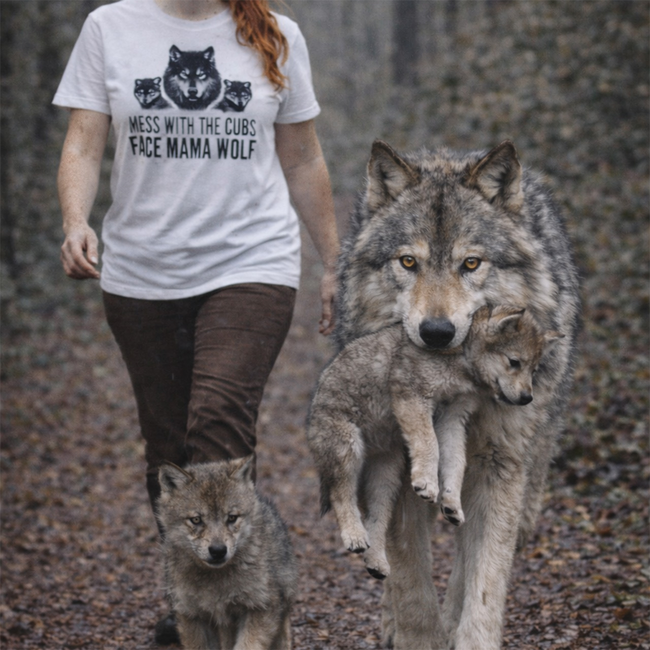 Mess With the Cubs, Face Mama Wolf Tee | Funny Protective Mom Wolf Shirt | Camping + Outdoors Graphic T-Shirt product thumbnail image Mess With the Cubs, Face Mama Wolf Tee | Funny Protective Mom Wolf Shirt | Camping + Outdoors Graphic T-Shirt product thumbnail image