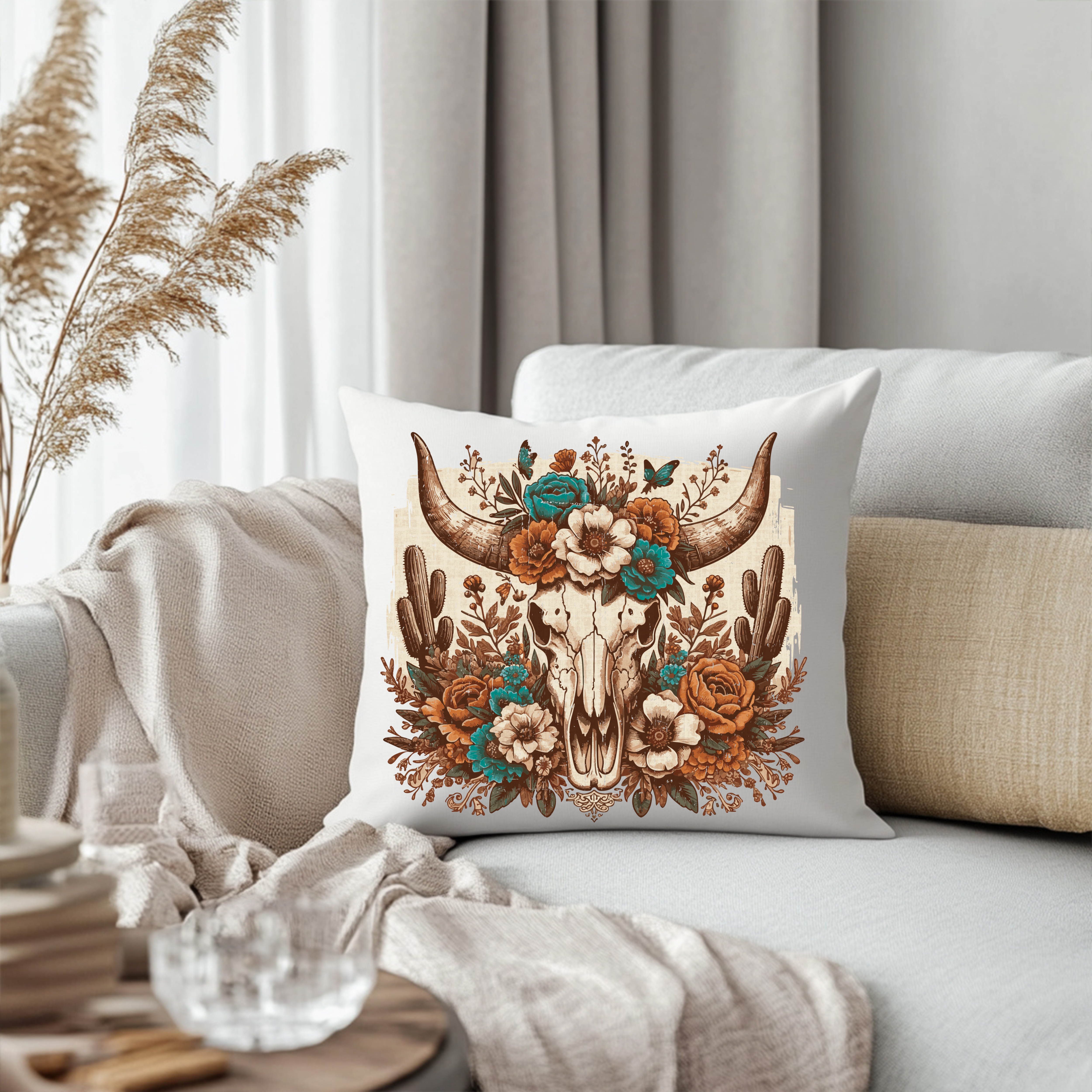 Southwestern Bull Skull Floral Pillow — Rustic Boho Decorative Throw Cushion