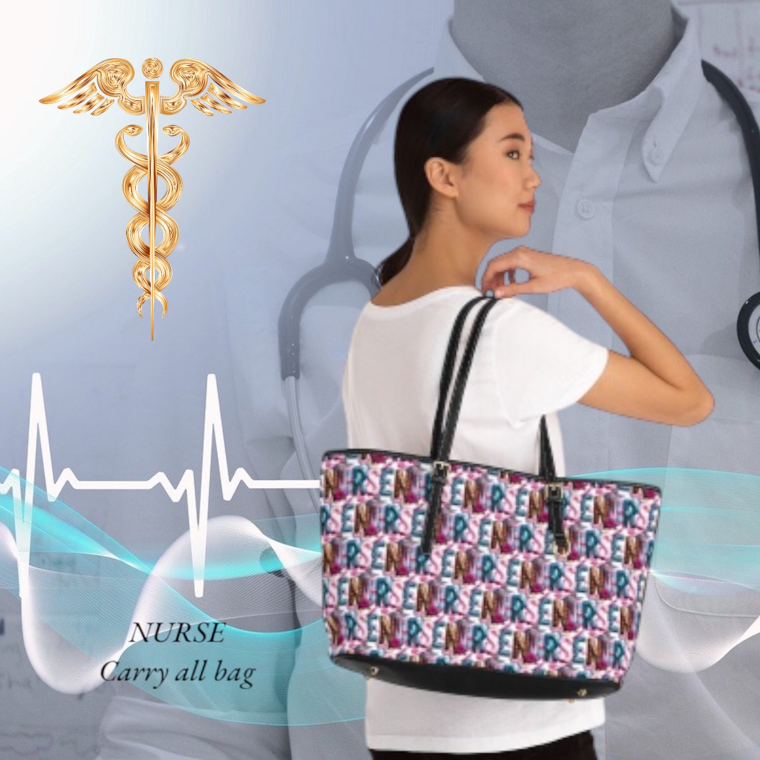 Nurse Pattern PU Leather Shoulder Bag — Colorful Scrubs &amp; Stethoscope Tote for Nurses
