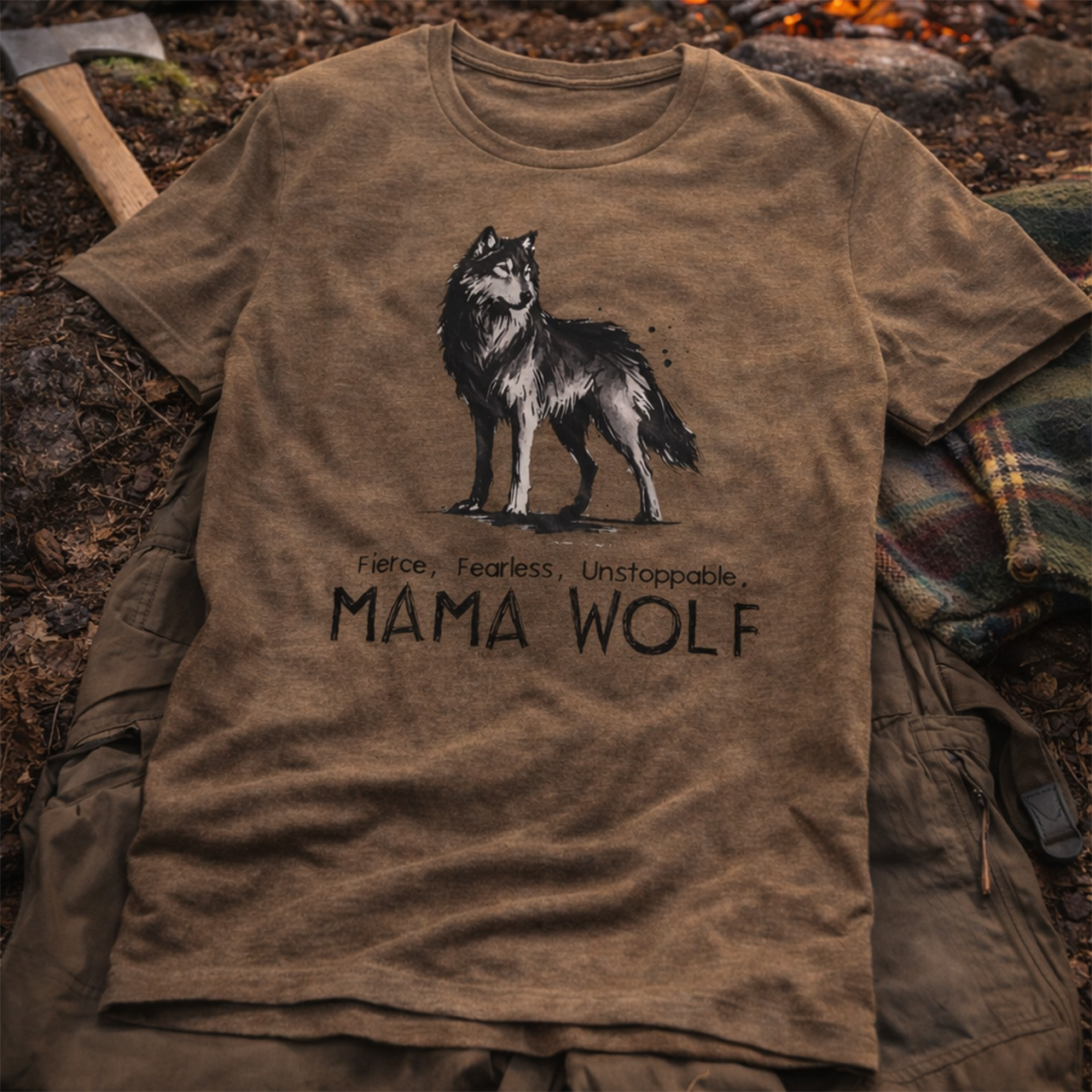 Mama Wolf Tee | “Fierce, Fearless, Unstoppable” | Outdoorsy Mom Wolf Graphic Shirt | Campfire Lifestyle T-Shirt