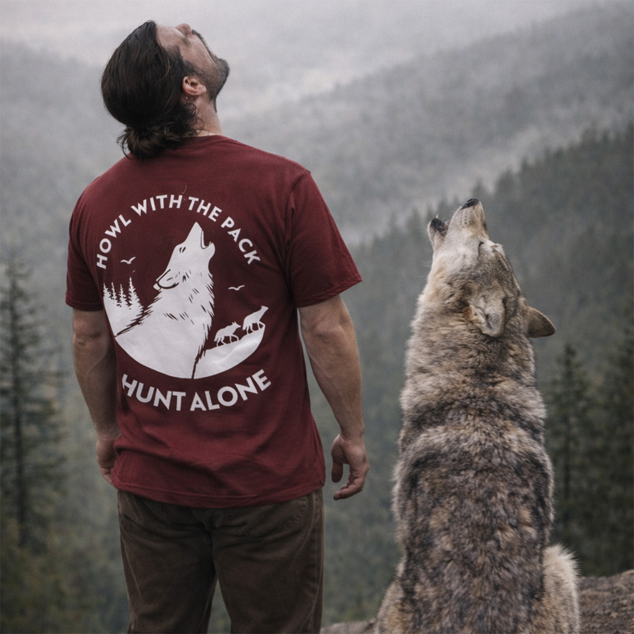 Howl With the Pack, Hunt Alone Tee | Graphic Wolf Shirt | Mountain / Hiking Lifestyle T-Shirt product thumbnail image Howl With the Pack, Hunt Alone Tee | Graphic Wolf Shirt | Mountain / Hiking Lifestyle T-Shirt product thumbnail image