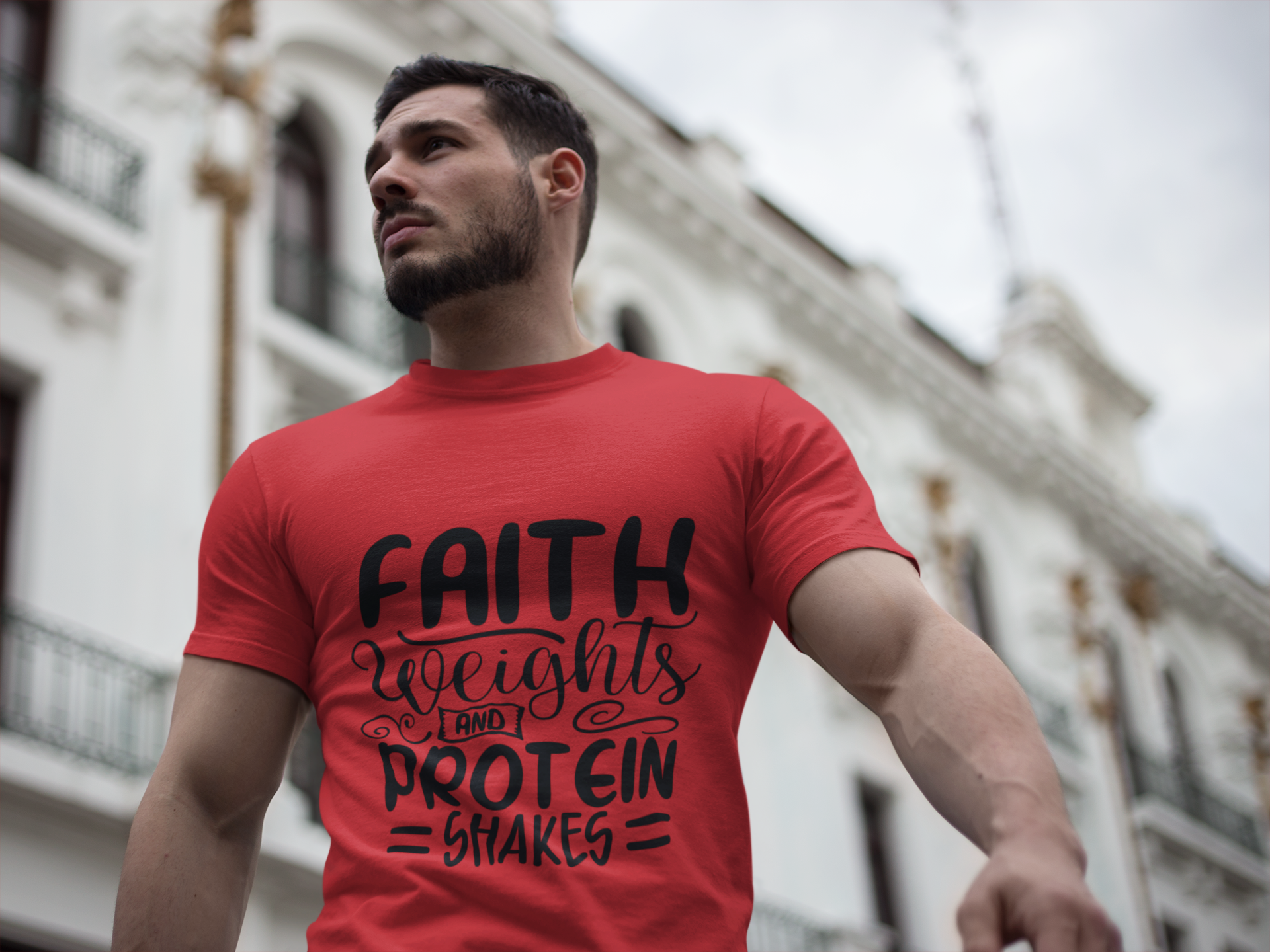 Faith, Weights, and Protein Shakes T-Shirt — Motivational Fitness Tee product thumbnail image