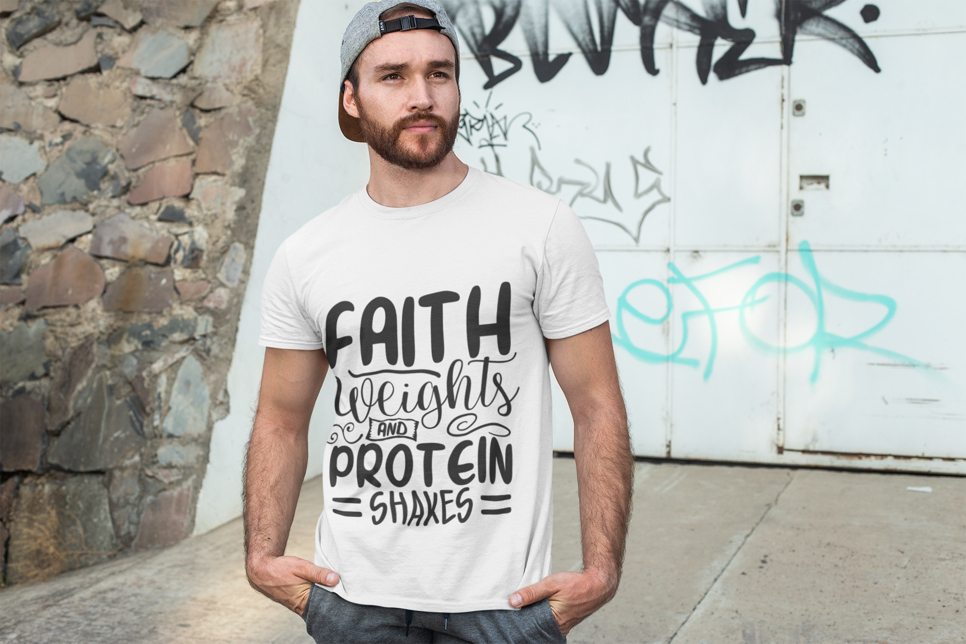 Faith, Weights, and Protein Shakes T-Shirt — Motivational Fitness Tee product thumbnail image