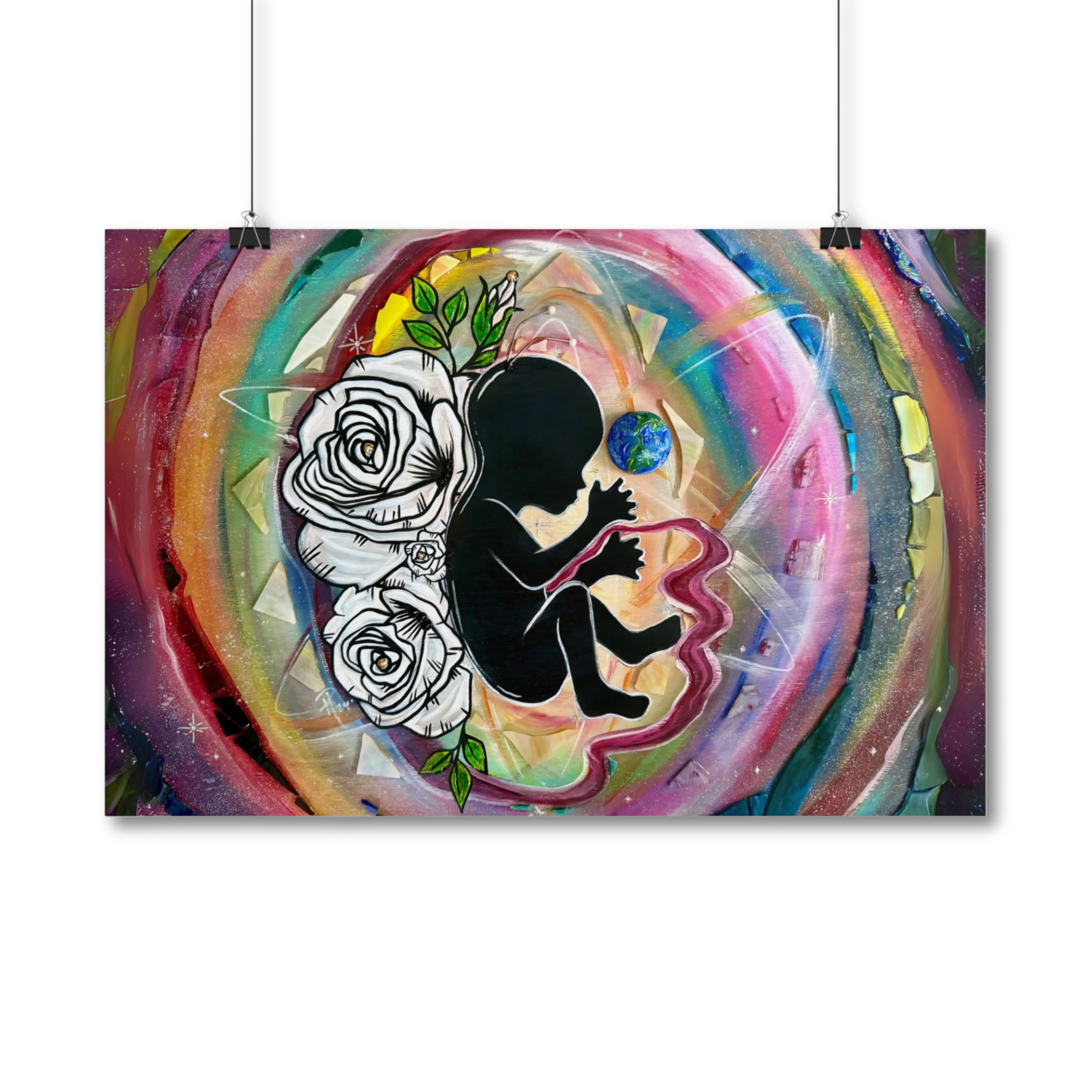 Cosmic Universe Newborn Baby with White Roses Poster Print Giclée "Children Of The Universe" Mixed Media Art 