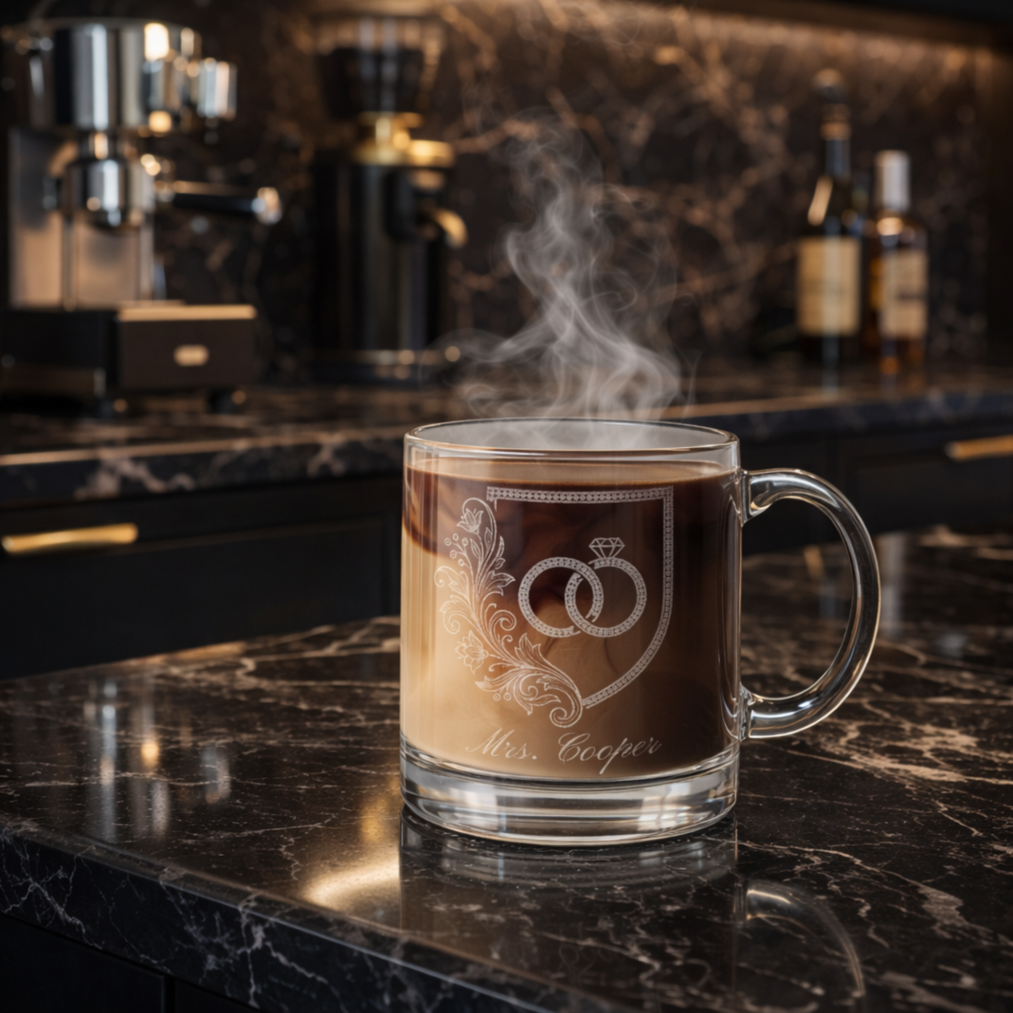 BrideEra Clear Glass Coffee Mug | Logo Engraved Design w Personalization | 12.25 oz product thumbnail image BrideEra Clear Glass Coffee Mug | Logo Engraved Design w Personalization | 12.25 oz product thumbnail image