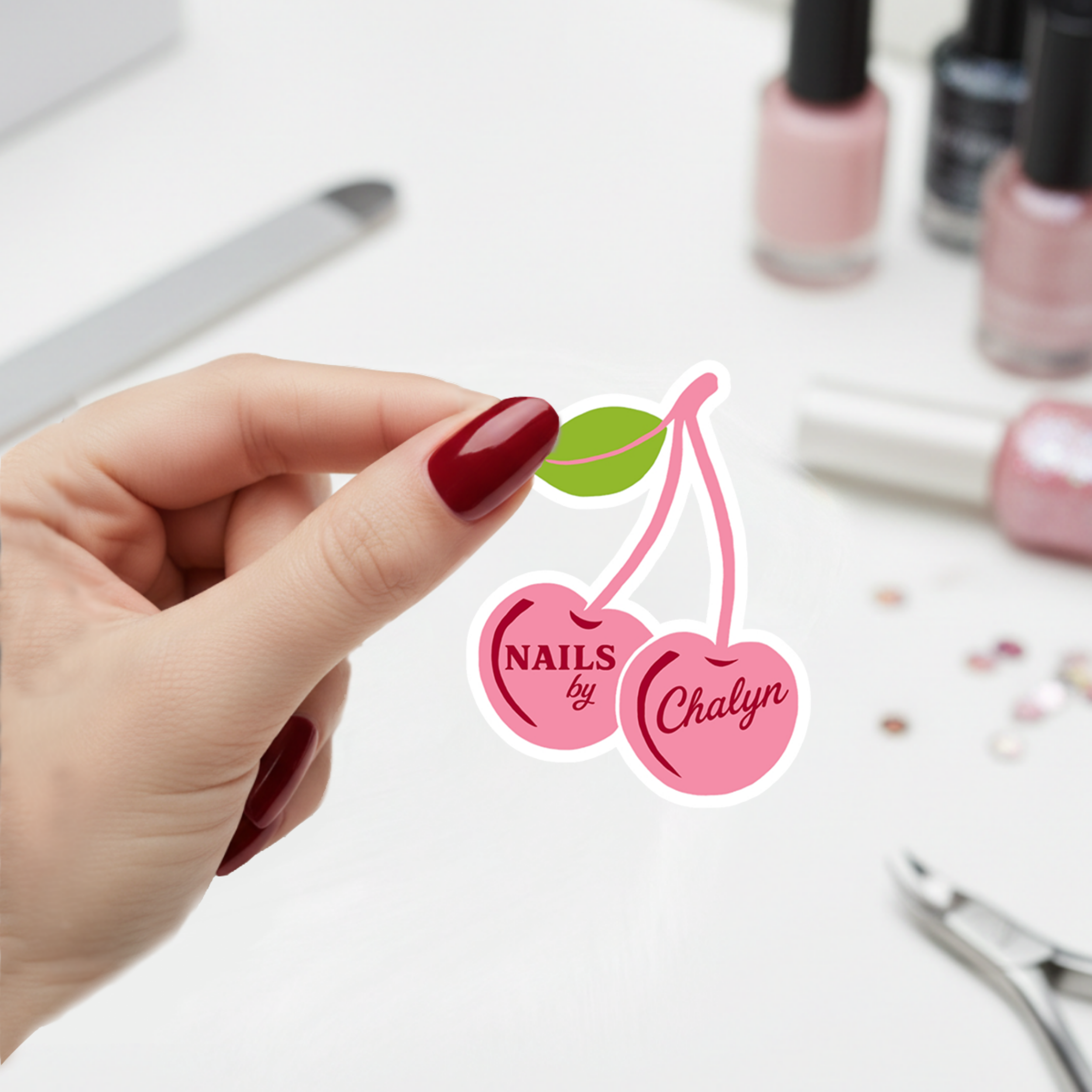 Pink Cherries Sticker, Nails by Chalyn Kiss-Cut Stickers, Cute Laptop Decor, Aesthetic Gifts for Her, Planner Stickers, Unique Stationery.