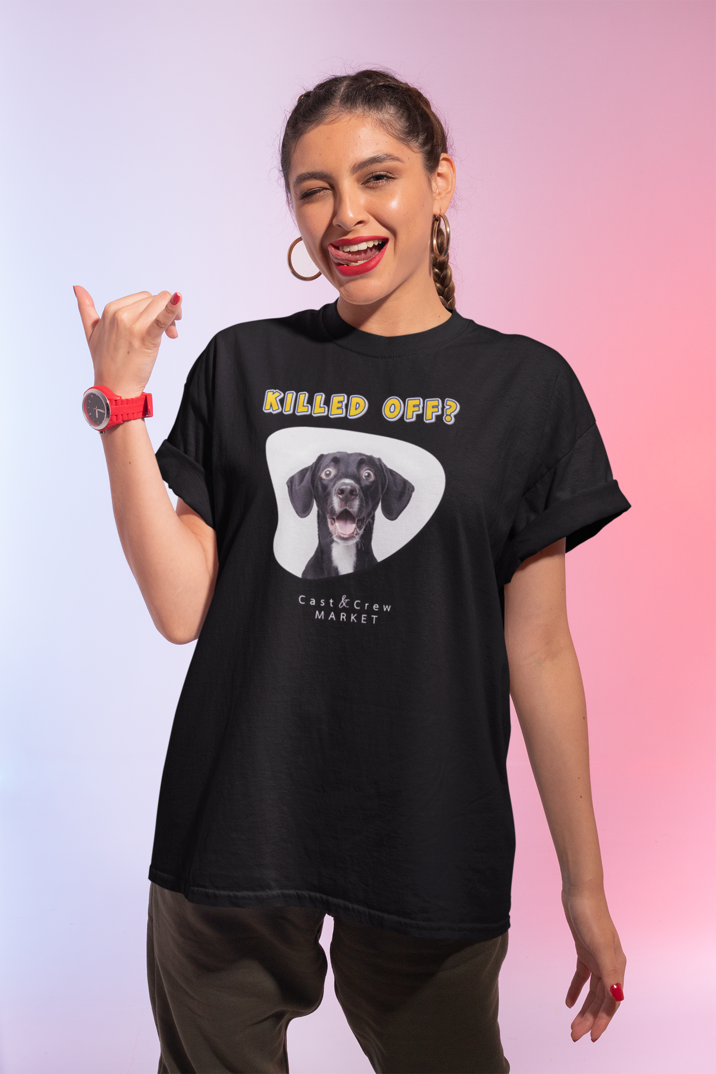"Killed Off?" Shocked Black Dog Tee — Funny Gift for Actors & TV Production Crew product thumbnail image "Killed Off?" Shocked Black Dog Tee — Funny Gift for Actors & TV Production Crew product thumbnail image