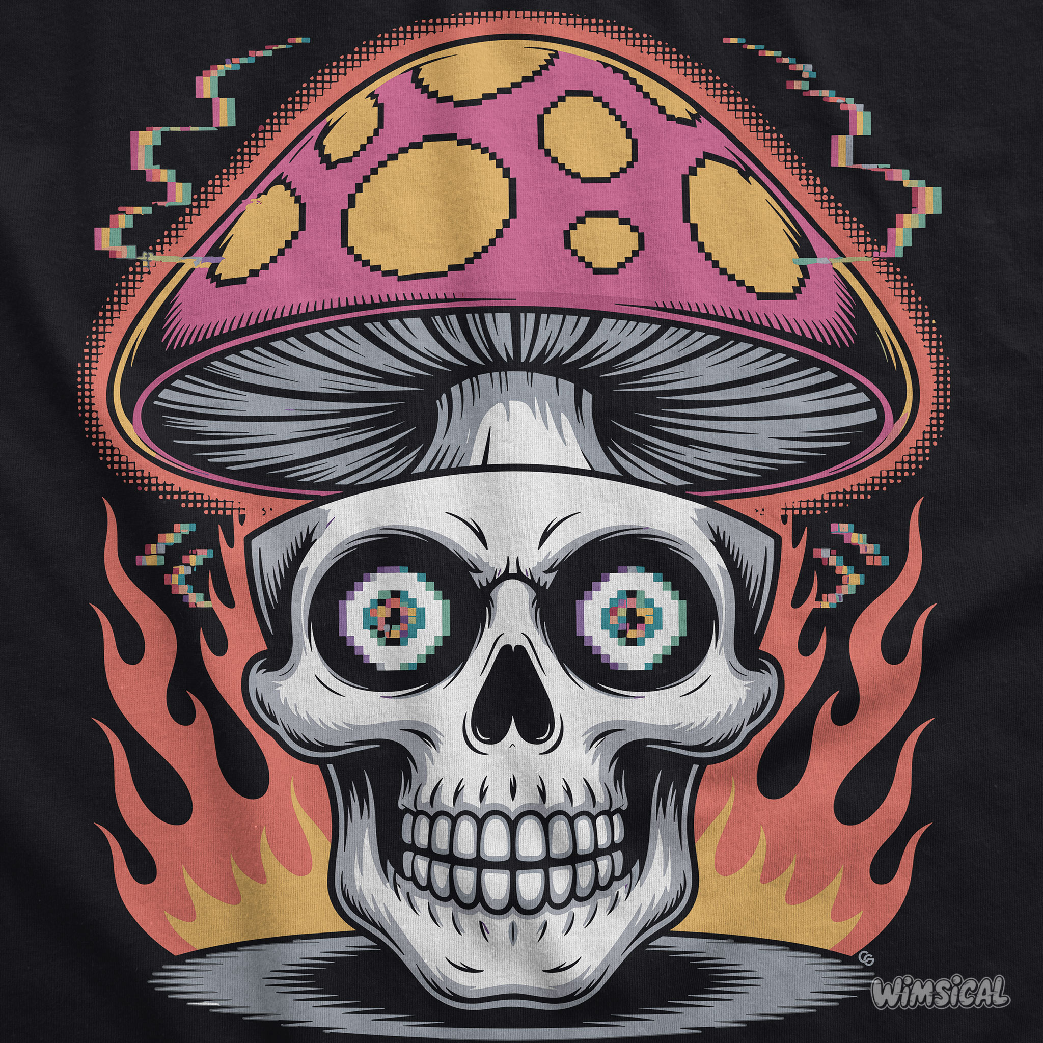 Shroom Skull – Trippy Pixelated Mushroom Flame Skull Unisex T-Shirt