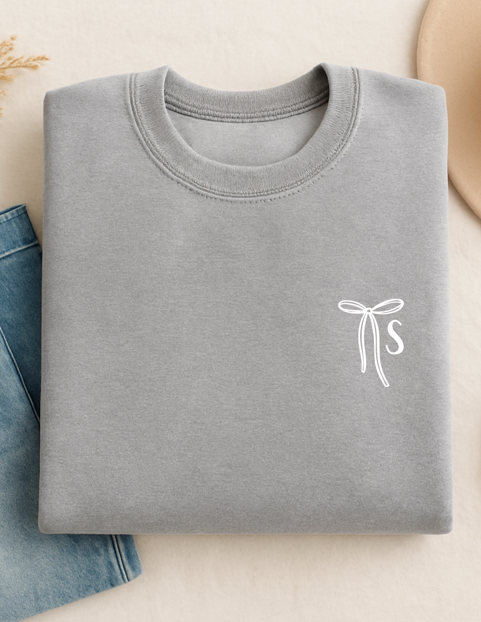 Embroidered Minimal Bow Initial Adult Crewneck Sweatshirt product thumbnail image Embroidered Minimal Bow Initial Adult Crewneck Sweatshirt product thumbnail image