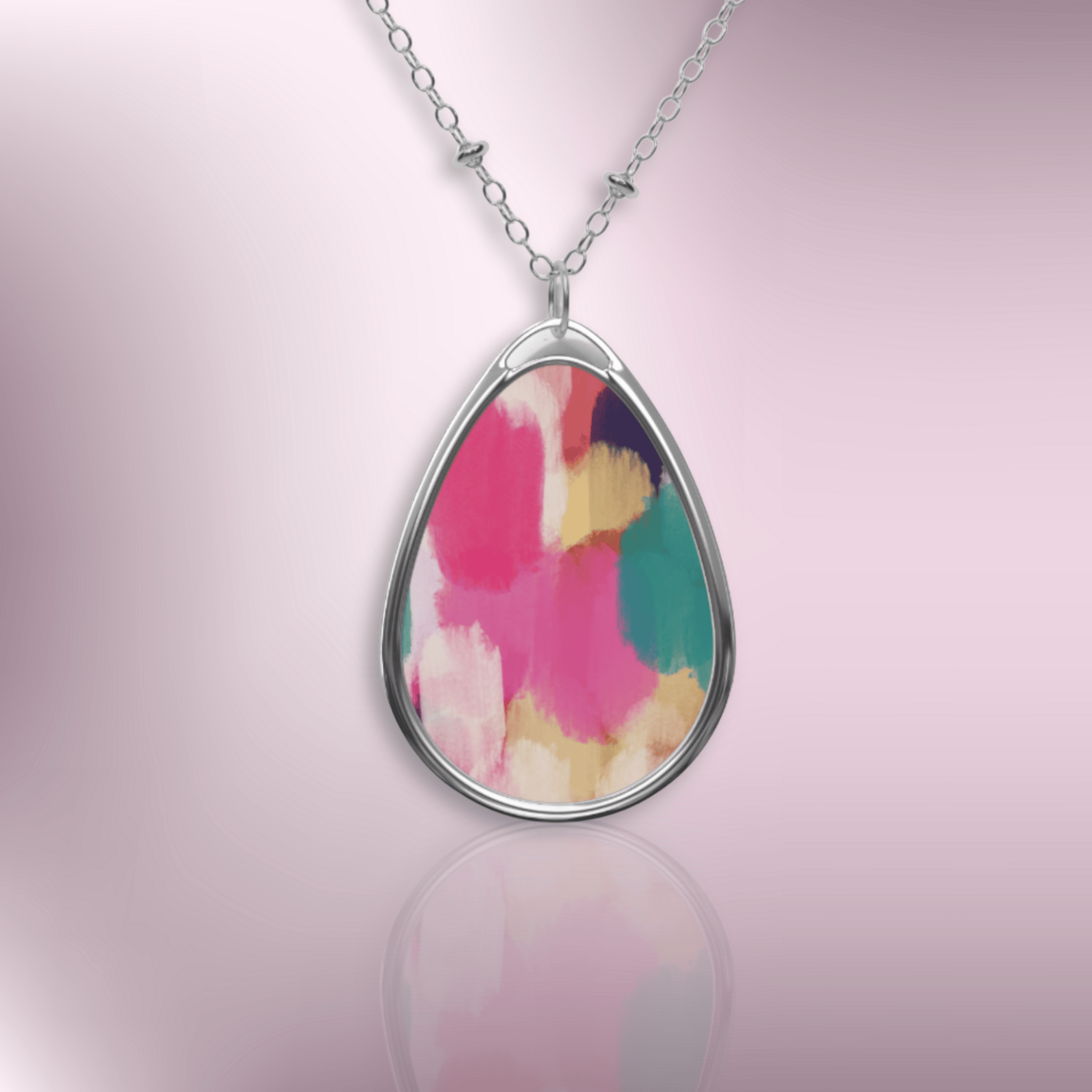 Oval Pendant Necklace — Colorful Watercolor Teardrop Jewelry