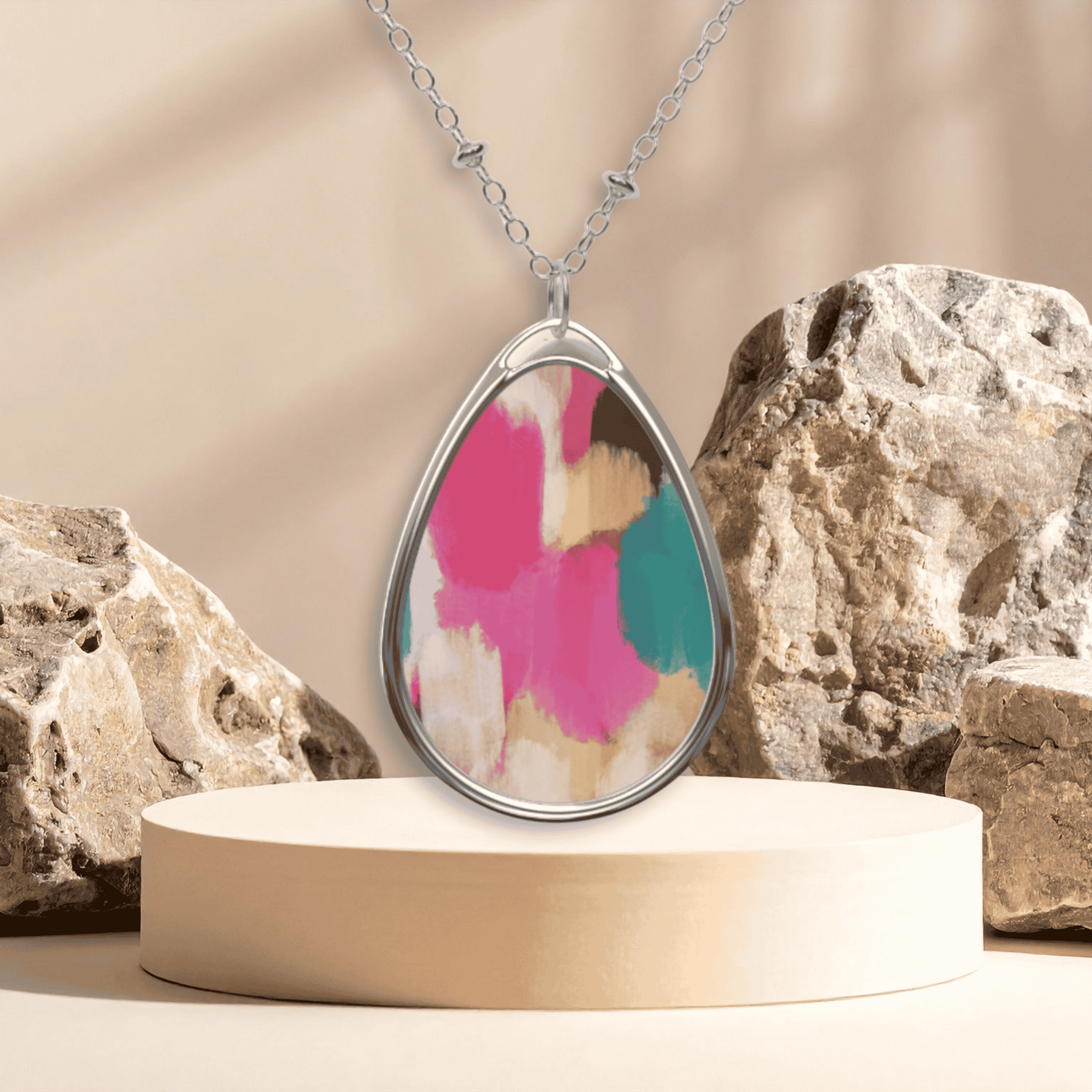 Oval Pendant Necklace — Colorful Watercolor Teardrop Jewelry product thumbnail image Oval Pendant Necklace — Colorful Watercolor Teardrop Jewelry product thumbnail image