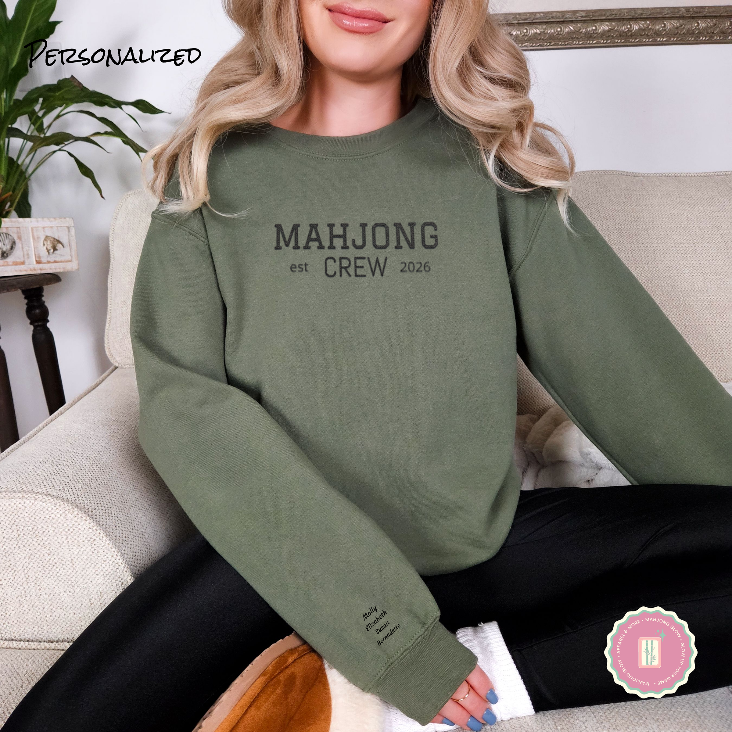 Truly Embroidered, Mahjong Crew Gildan 18000 Sweatshirt – Personalized Names &amp; Year  product thumbnail image