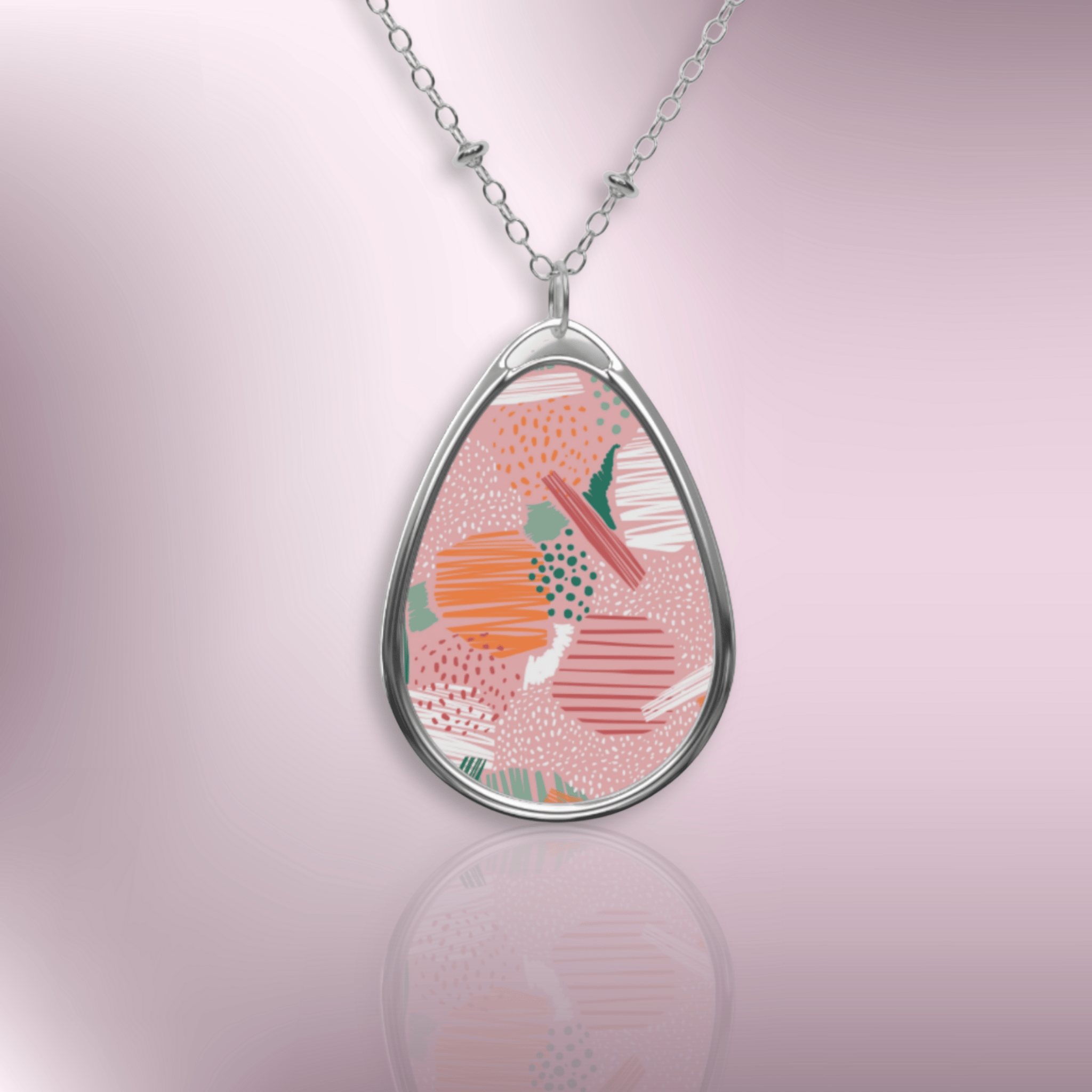 Floral Oval Pendant Necklace — Pink Abstract Shapes Teardrop Jewelry