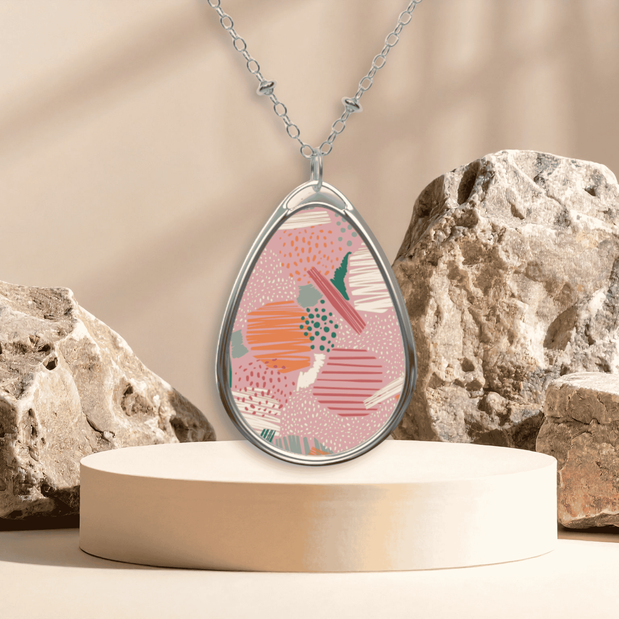 Floral Oval Pendant Necklace — Pink Abstract Shapes Teardrop Jewelry product thumbnail image