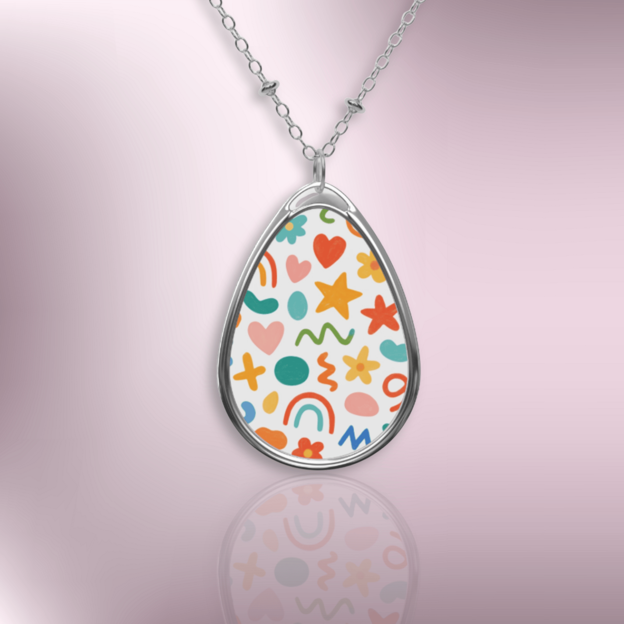 Colorful Hearts &amp; Stars Oval Pendant Necklace — Fun Rainbow Charm Jewelry