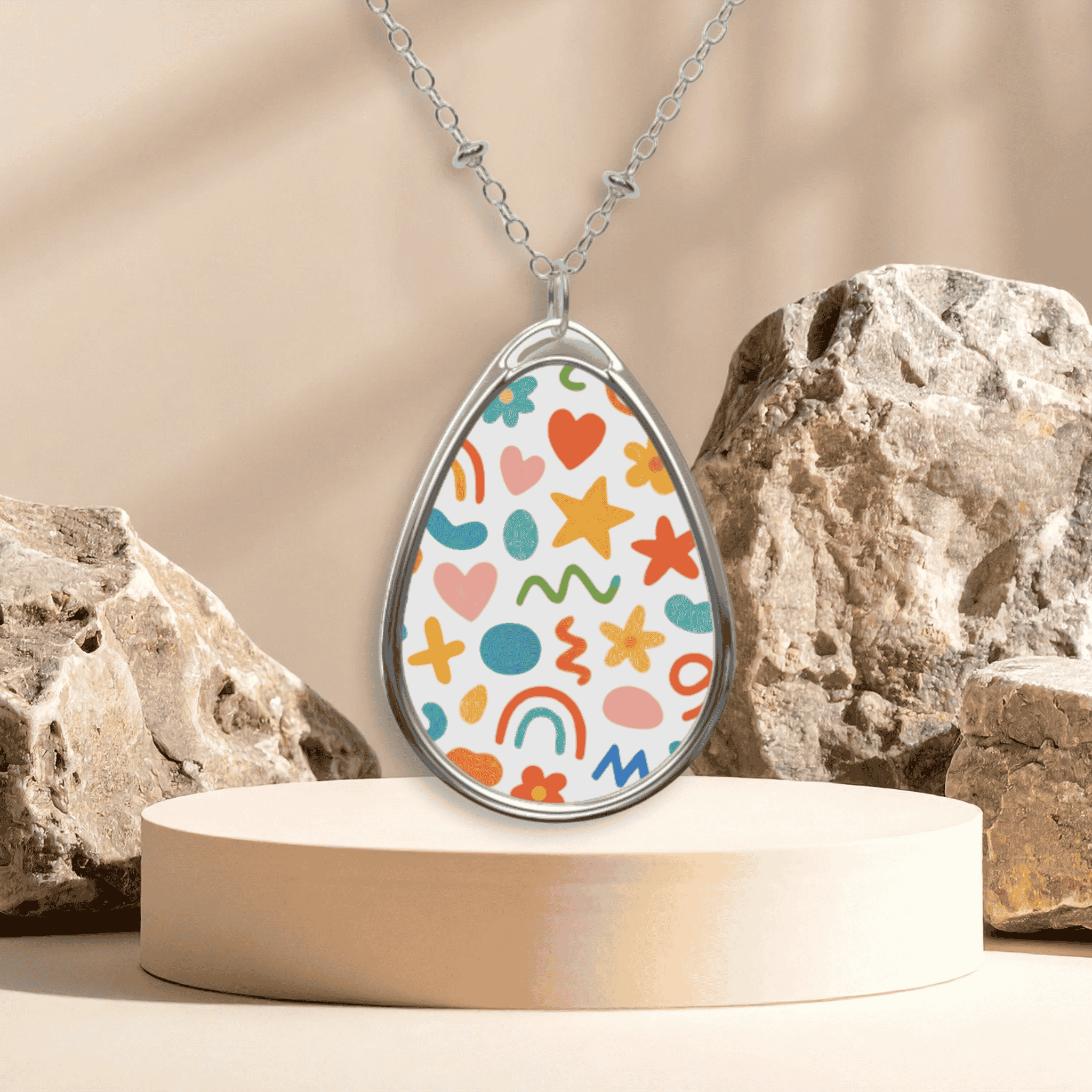 Colorful Hearts &amp; Stars Oval Pendant Necklace — Fun Rainbow Charm Jewelry product thumbnail image