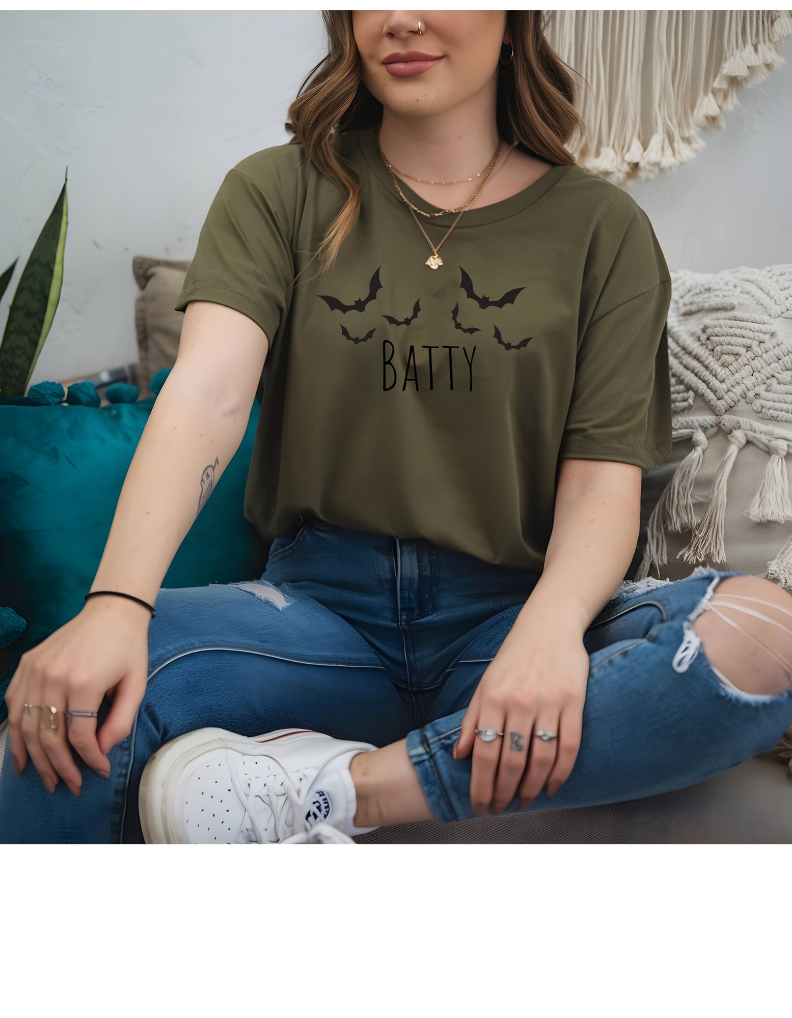 Batty Women's Tee - Halloween Shirt, Cute Casual Tee, Bat Graphic Top, Fall Apparel, Spooky Season Outfit product thumbnail image Batty Women's Tee - Halloween Shirt, Cute Casual Tee, Bat Graphic Top, Fall Apparel, Spooky Season Outfit product thumbnail image