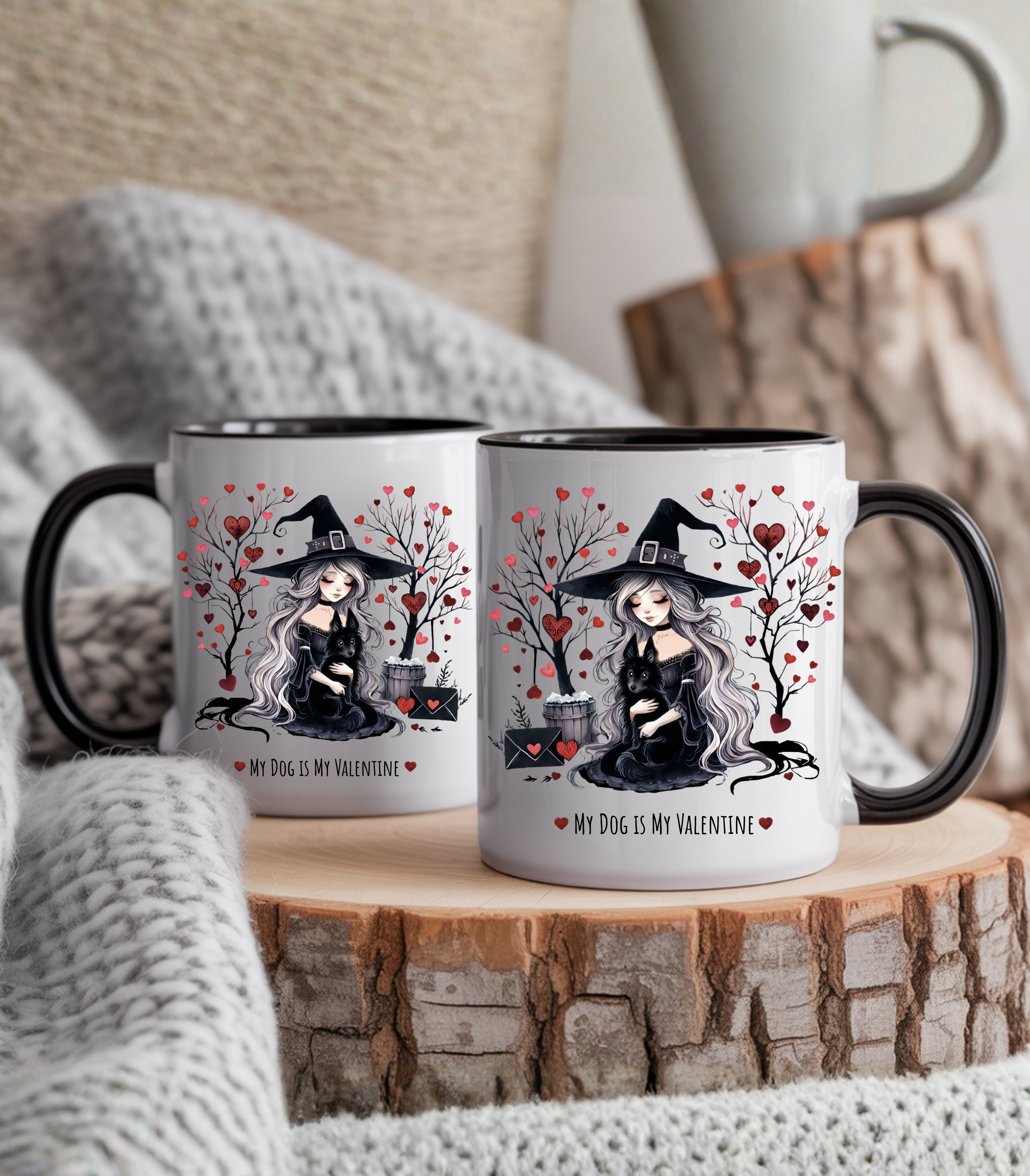 Accent Coffee Mug — 'My Dog Is My Valentine' Gothic Witch Dog Valentine's Mug