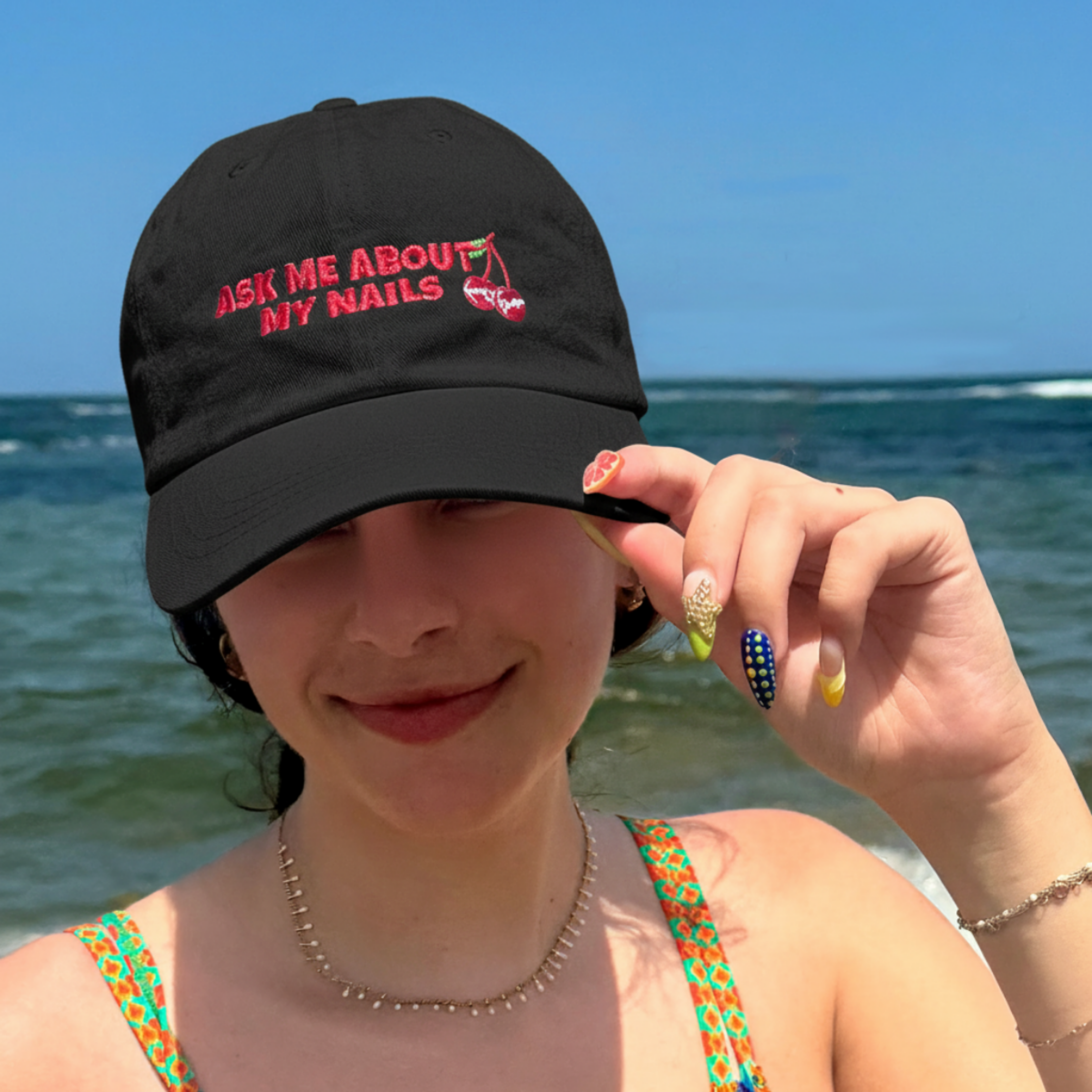 Classic Dad Cap with Embroidered 'Ask Me About My Nails' Design product thumbnail image Classic Dad Cap with Embroidered 'Ask Me About My Nails' Design product thumbnail image
