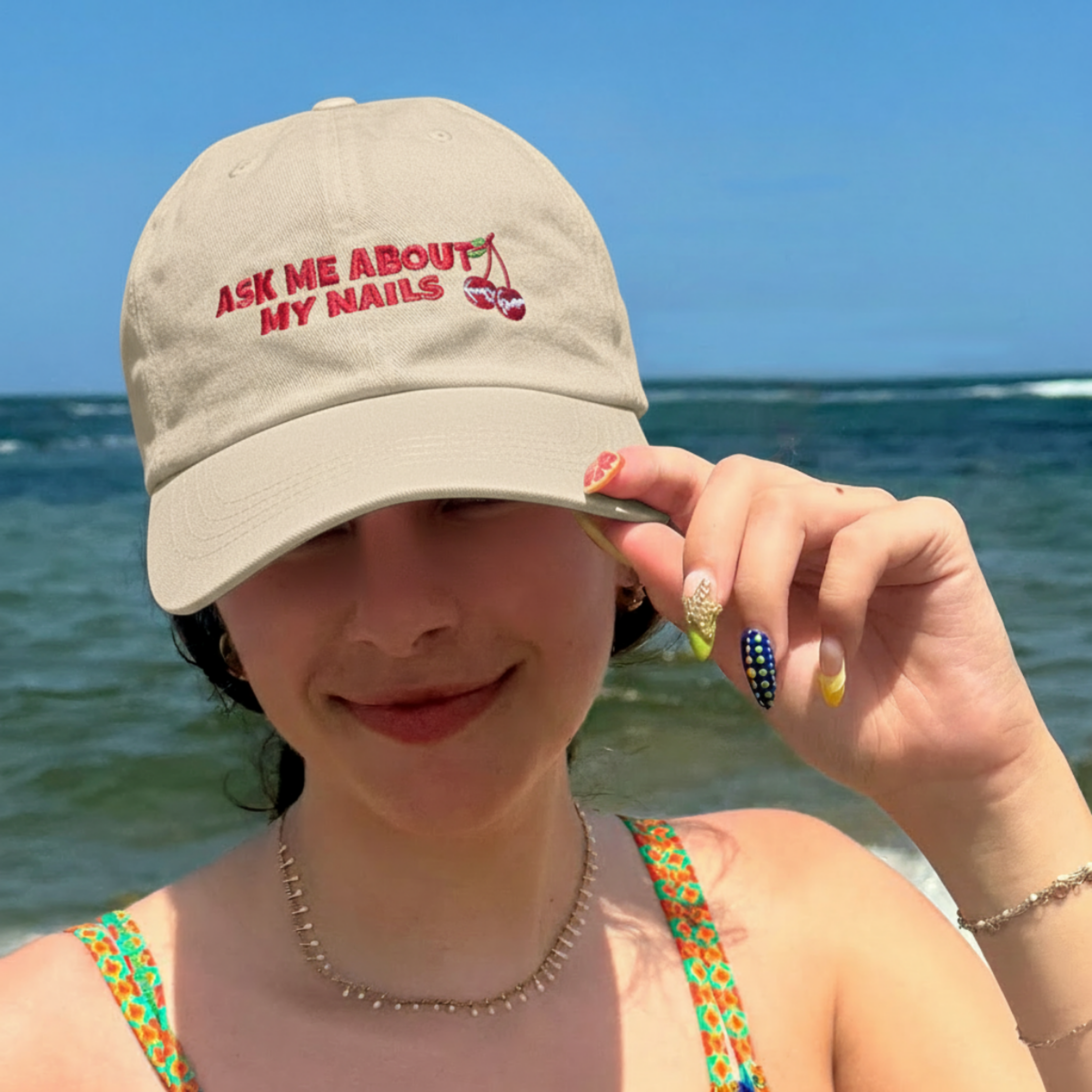 Classic Dad Cap with Embroidered 'Ask Me About My Nails' Design  product thumbnail image