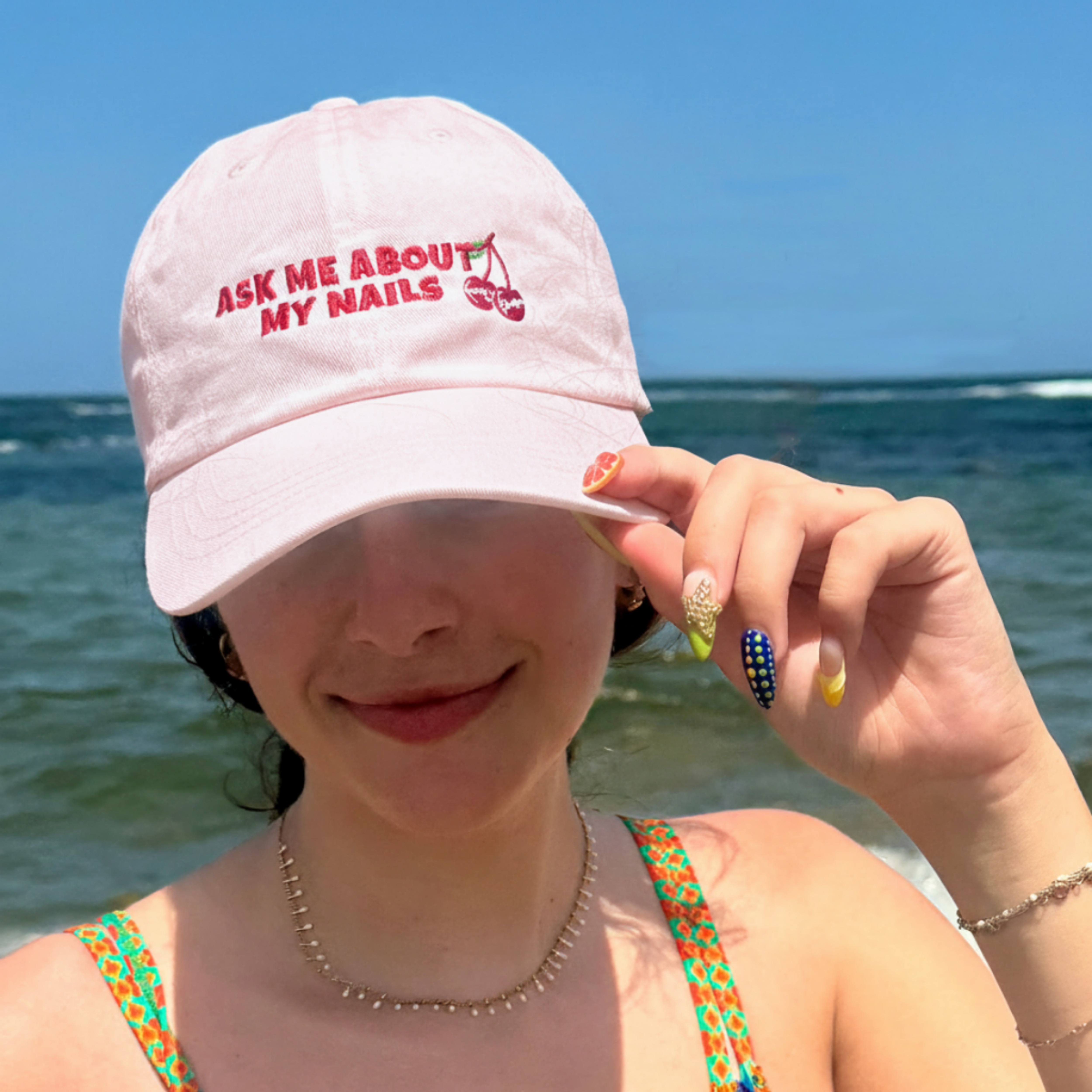 Classic Dad Cap with Embroidered 'Ask Me About My Nails' Design  product thumbnail image