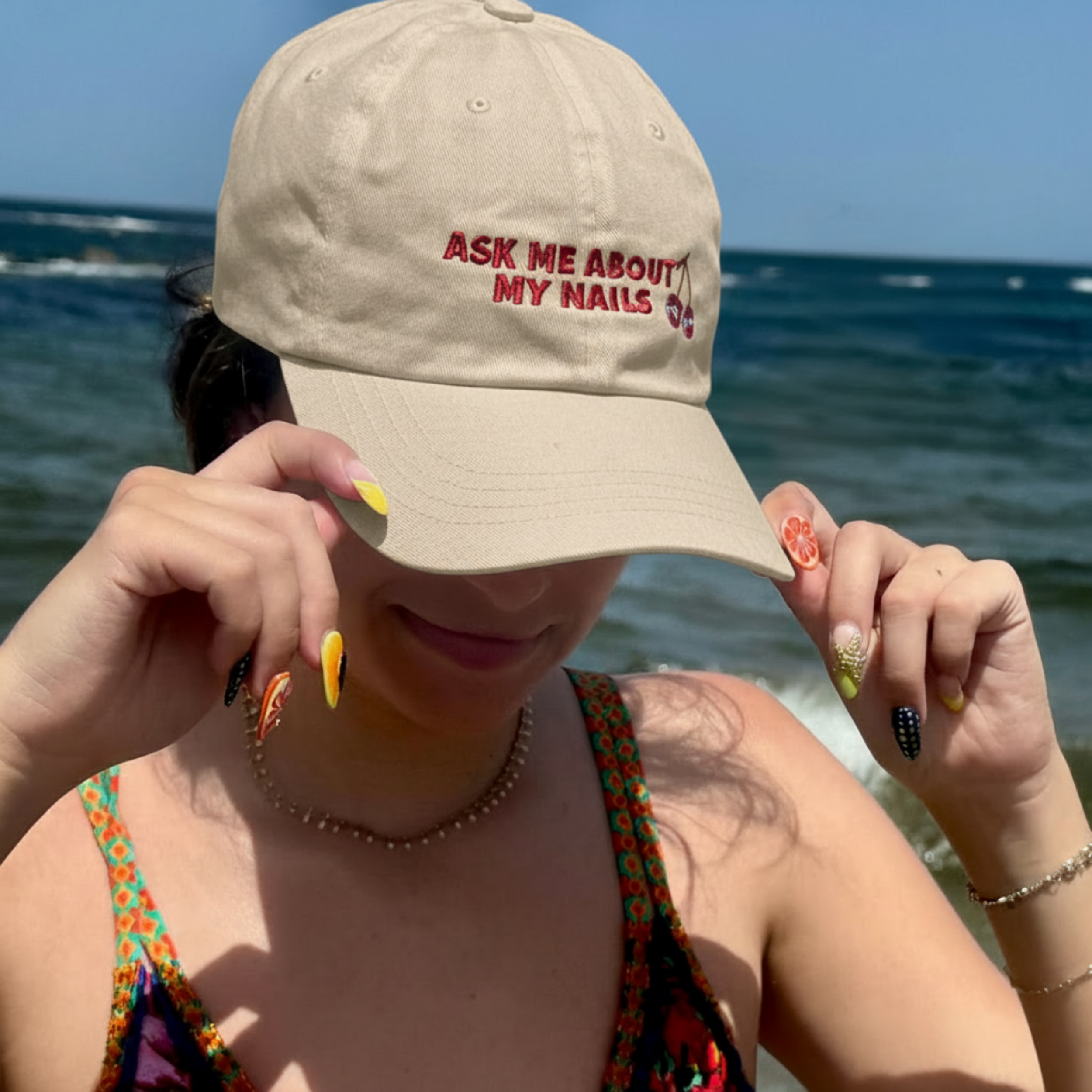 Classic Dad Cap with Embroidered 'Ask Me About My Nails' Design product thumbnail image Classic Dad Cap with Embroidered 'Ask Me About My Nails' Design product thumbnail image