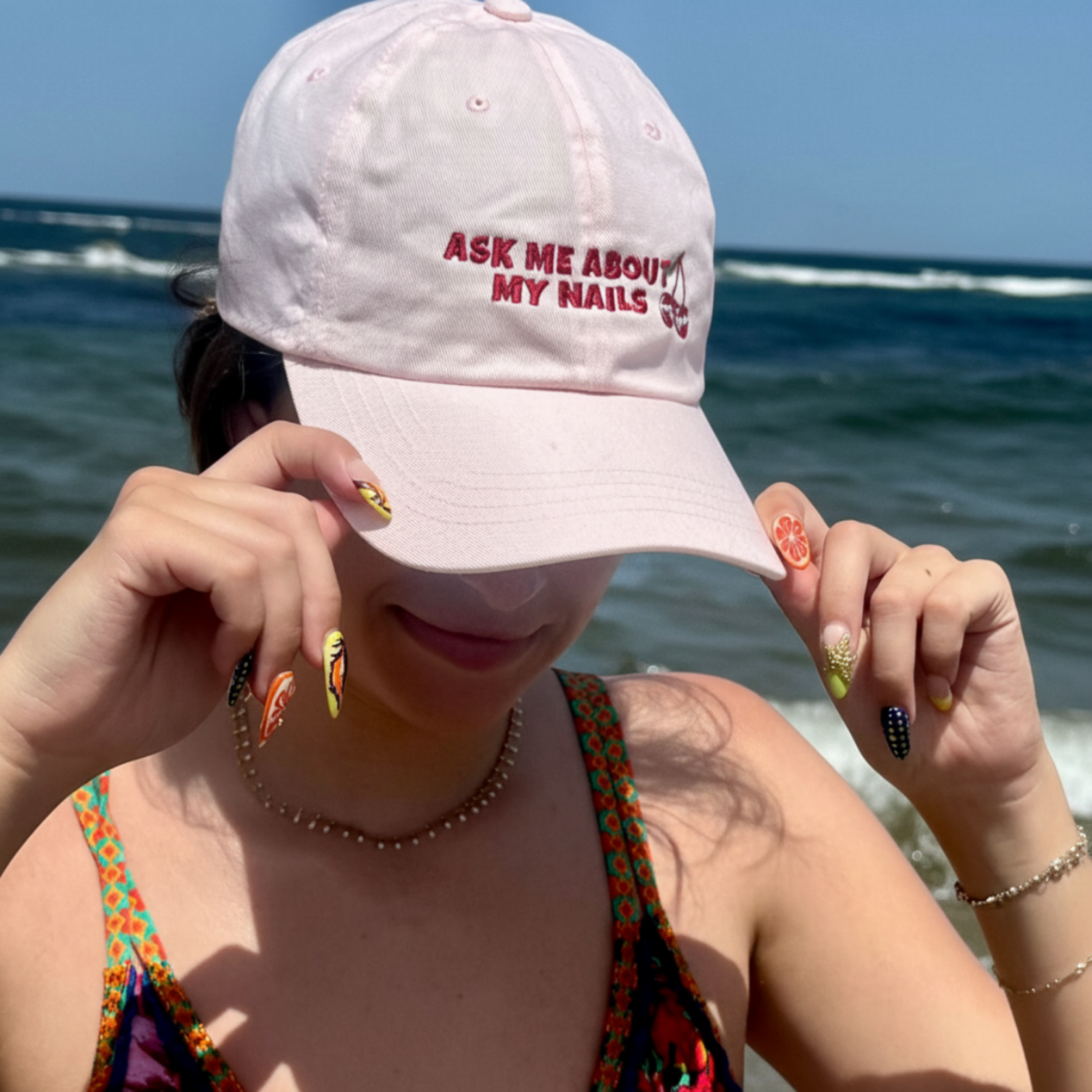 Classic Dad Cap with Embroidered 'Ask Me About My Nails' Design  product thumbnail image