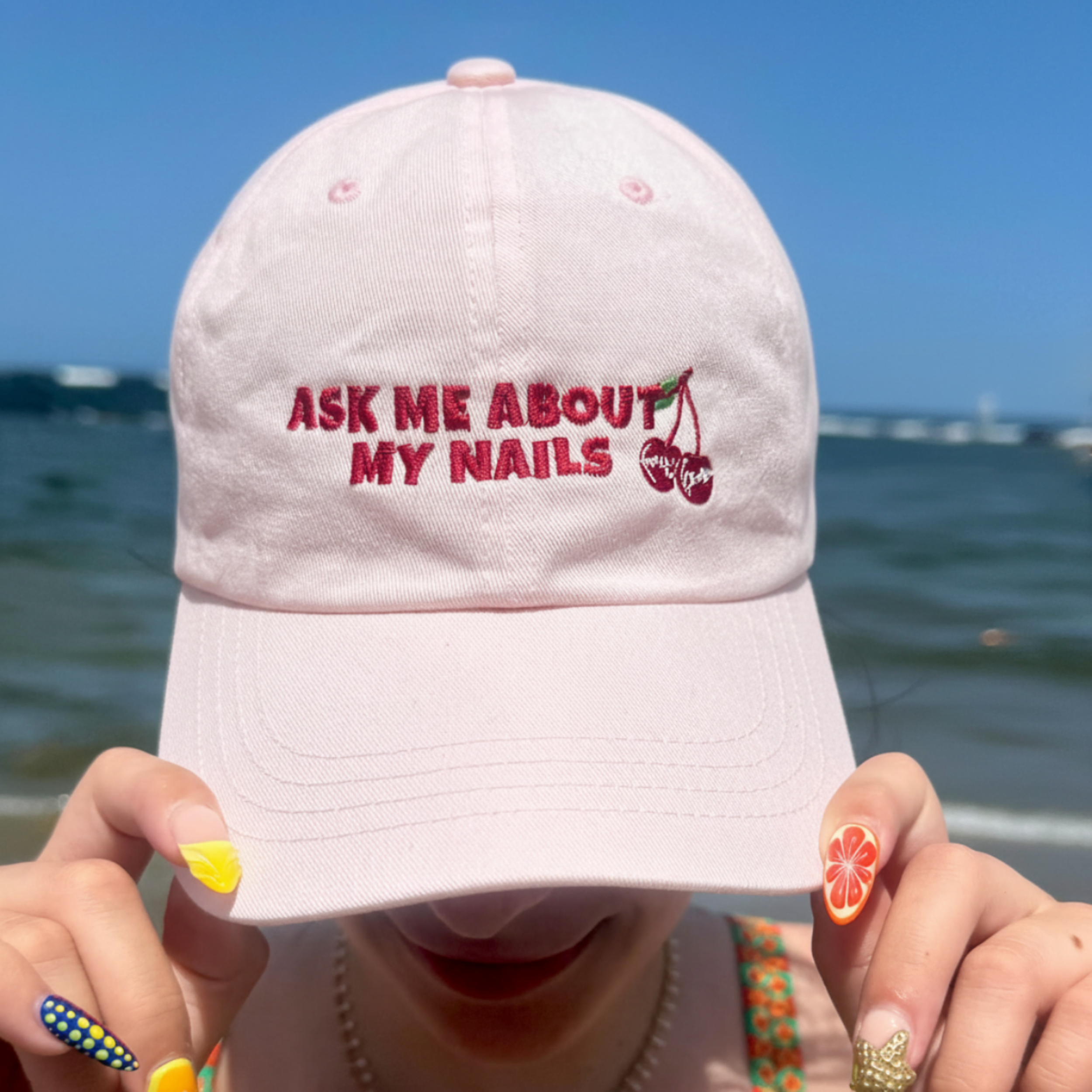 Classic Dad Cap with Embroidered 'Ask Me About My Nails' Design  product thumbnail image