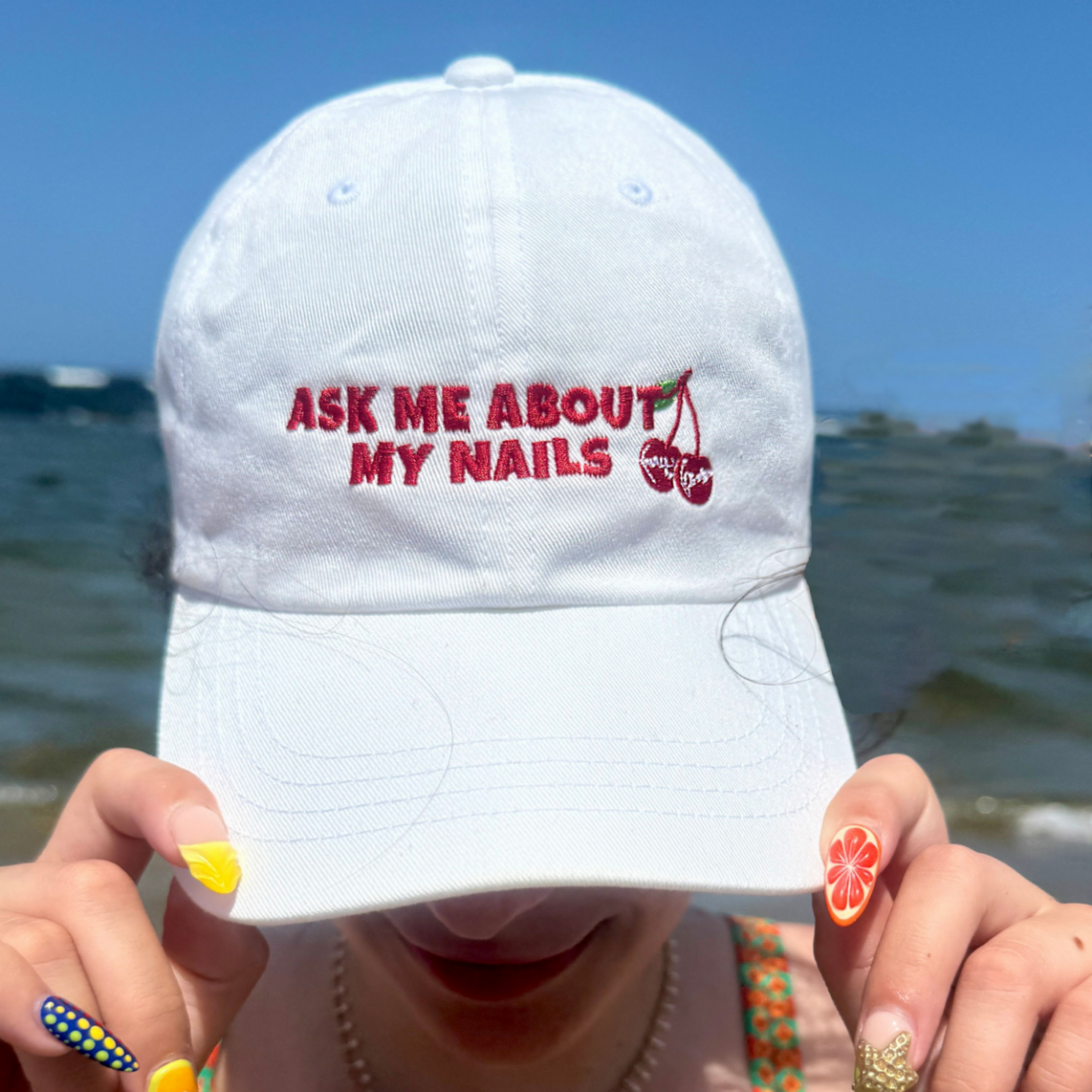 Classic Dad Cap with Embroidered 'Ask Me About My Nails' Design  product thumbnail image